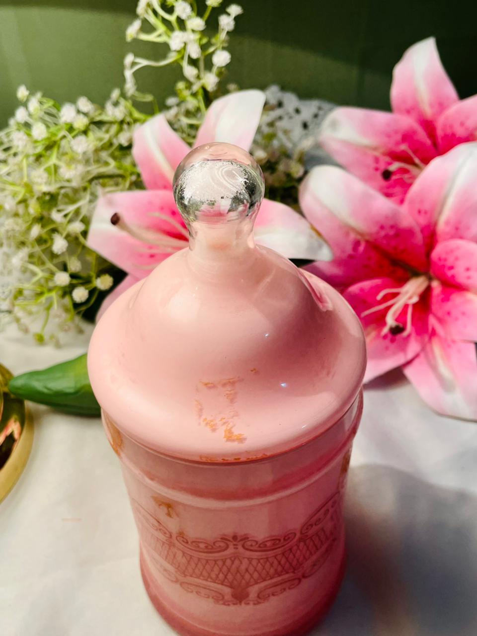 Pink Crystal Lidded Canister with Scroll Design 8 in