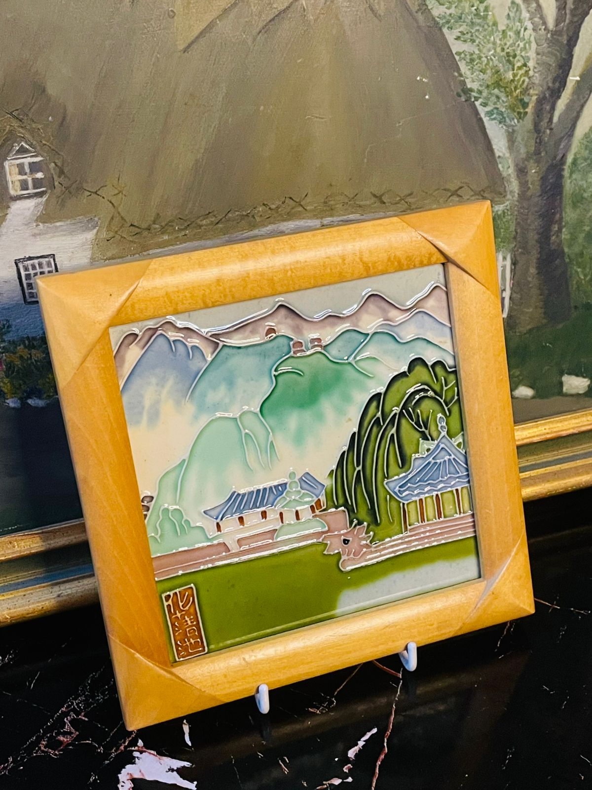 Vintage HACT Chinese Hand-Painted Porcelain Tile – Temple Frame Collectible Wall Art in Pakistan