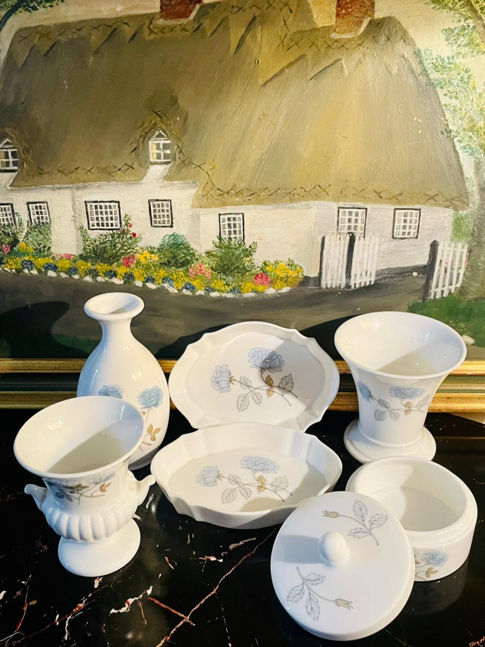 Wedgwood Ice Rose collection, Wedgwood bone china set, Wedgwood England vase and bowl set, collectible Wedgwood crockery, vintage bone china Wedgwood, Ice Rose decorative set, English bone china bowls and vases, Wedgwood floral collection, Wedgwood trinket jar, antique Wedgwood bone china