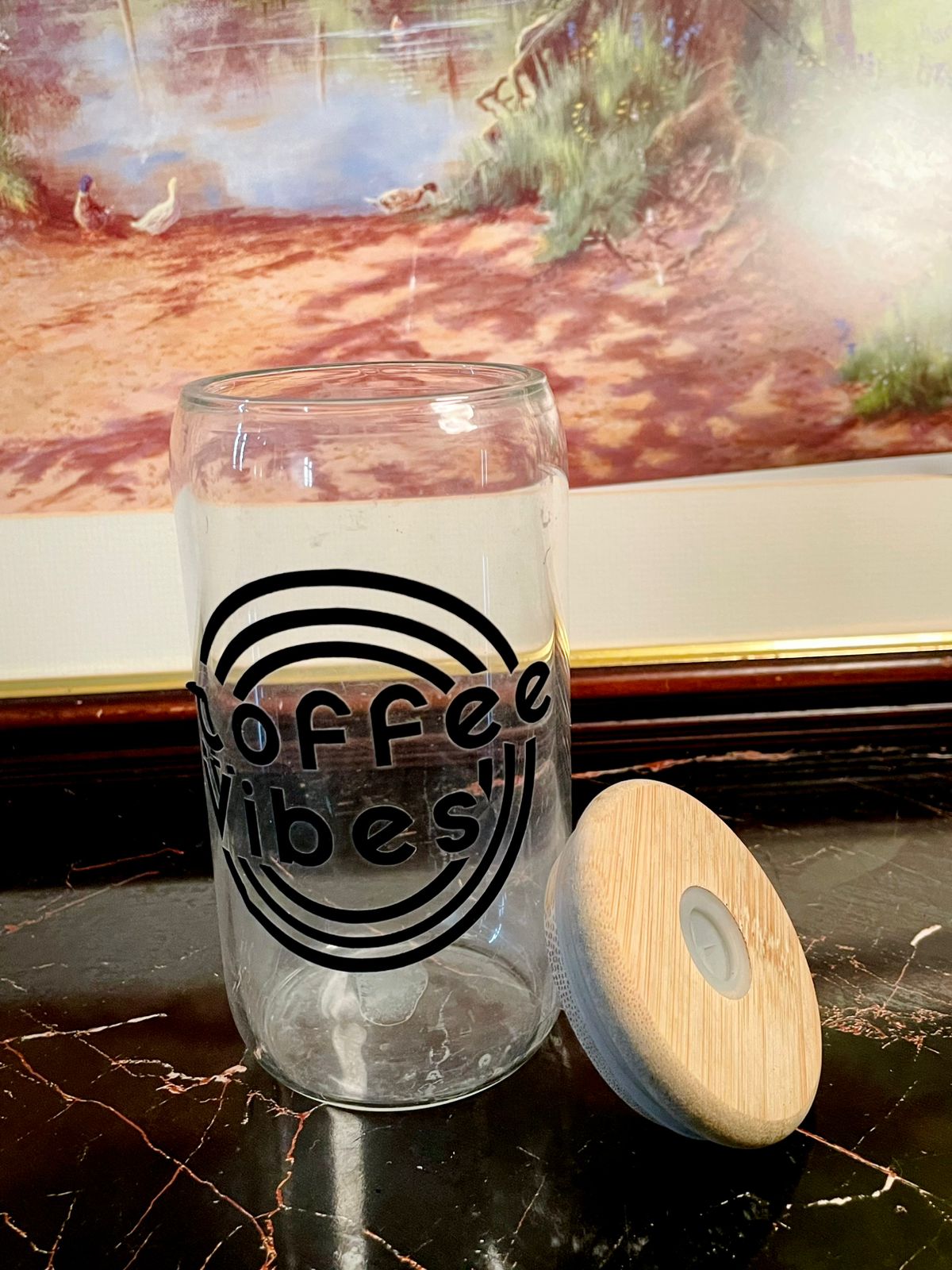 Coffee Vibes Glass Storage Jar with Bamboo Lid – Airtight Container for Kitchen