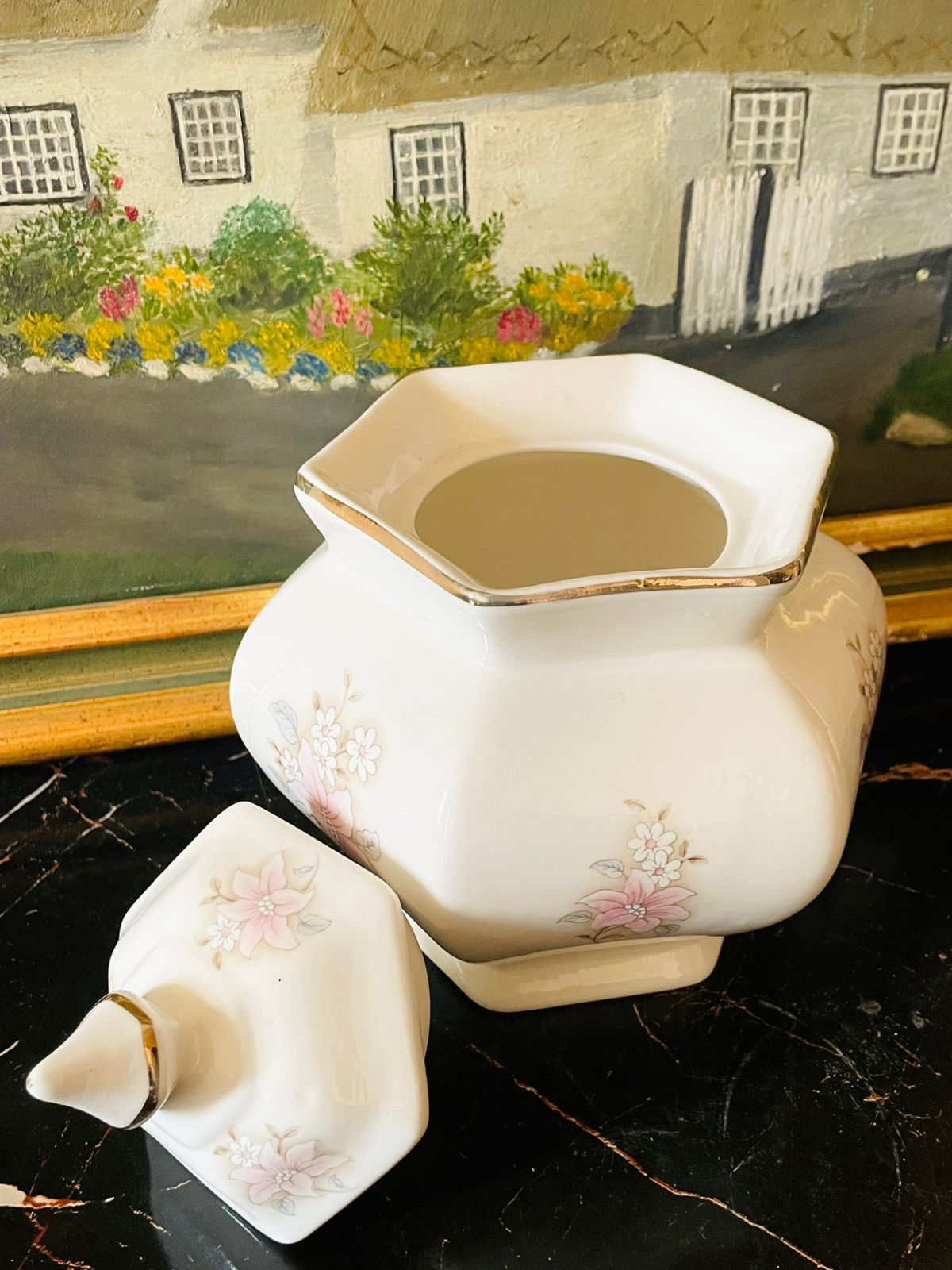 Vintage English Fine Bone China Candy Jar / Pot – Pink Lily Floral with Gold Trim