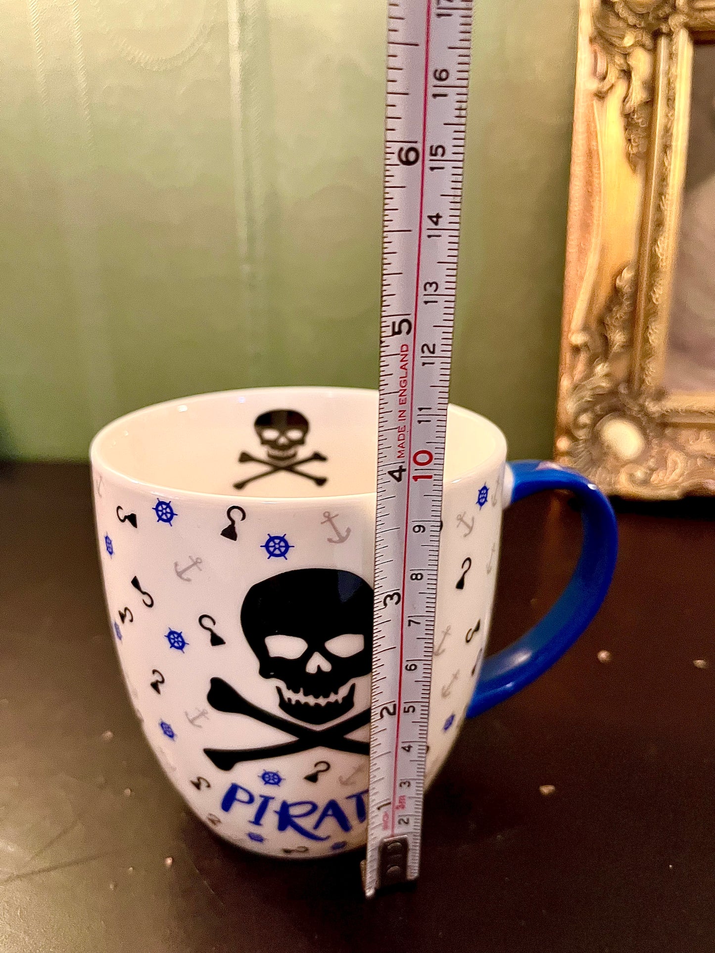 Pirate Skull Coffee Mug | Nautical Ceramic Tea Cup with Blue Handle