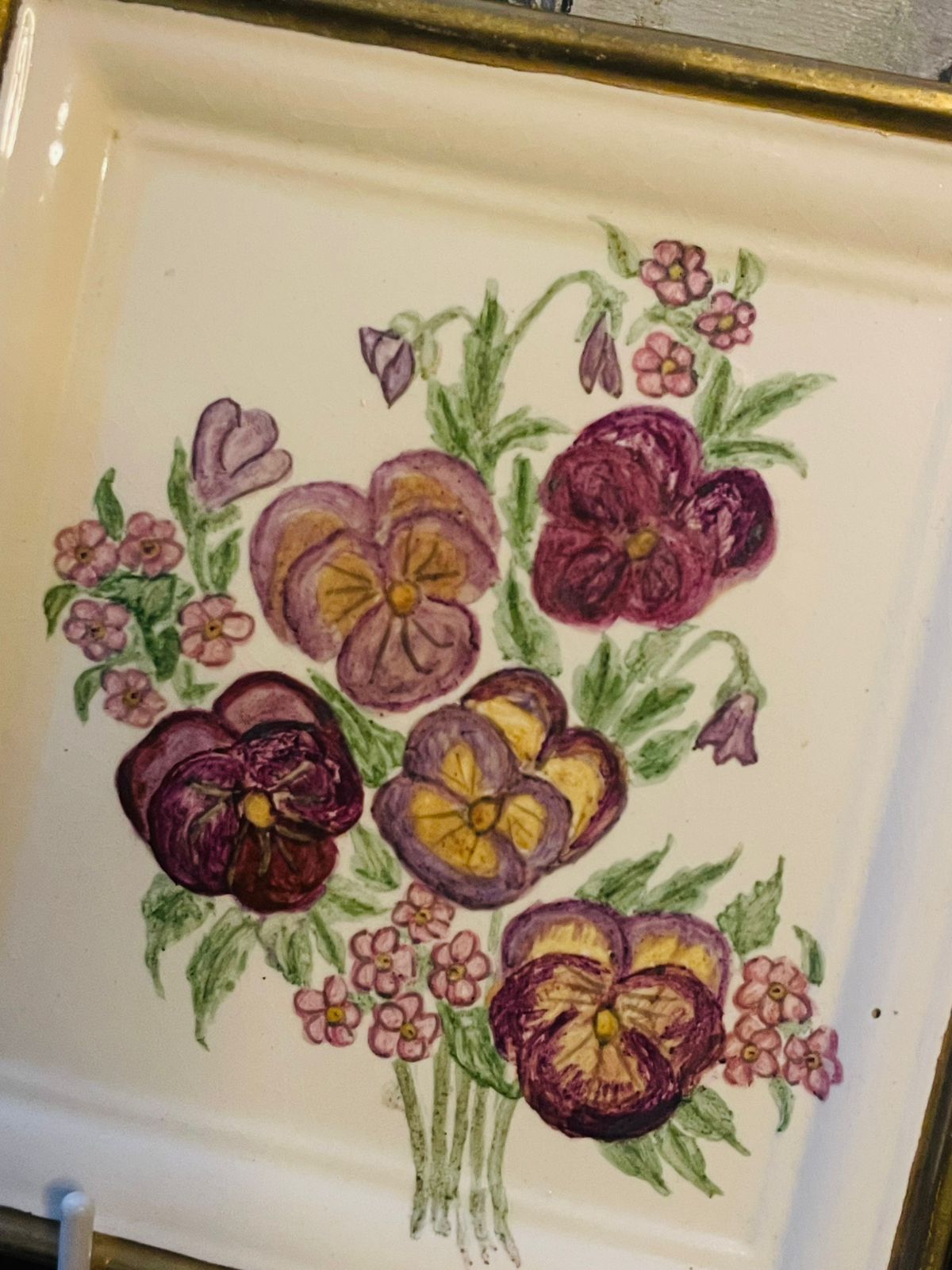 Vintage Floral Ceramic Wall frame – Hand Painted Pansy Bouquet with Gold Trim