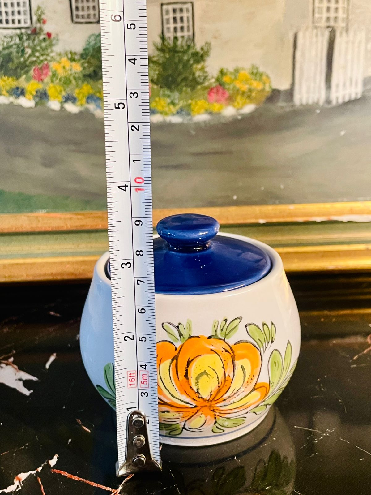 Hand-Painted Ceramic Sugar Jar with Lid – Floral Design, 10cm