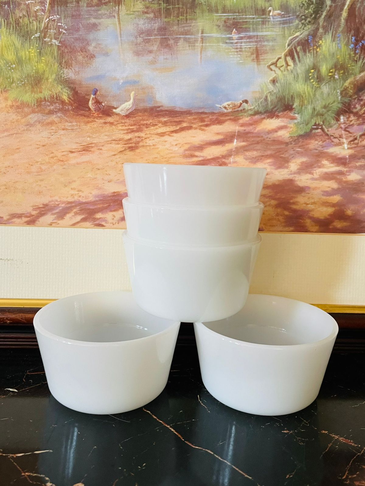 Set of 5 Vintage White Milk Glass Custard Bowls – Minimalist Charm