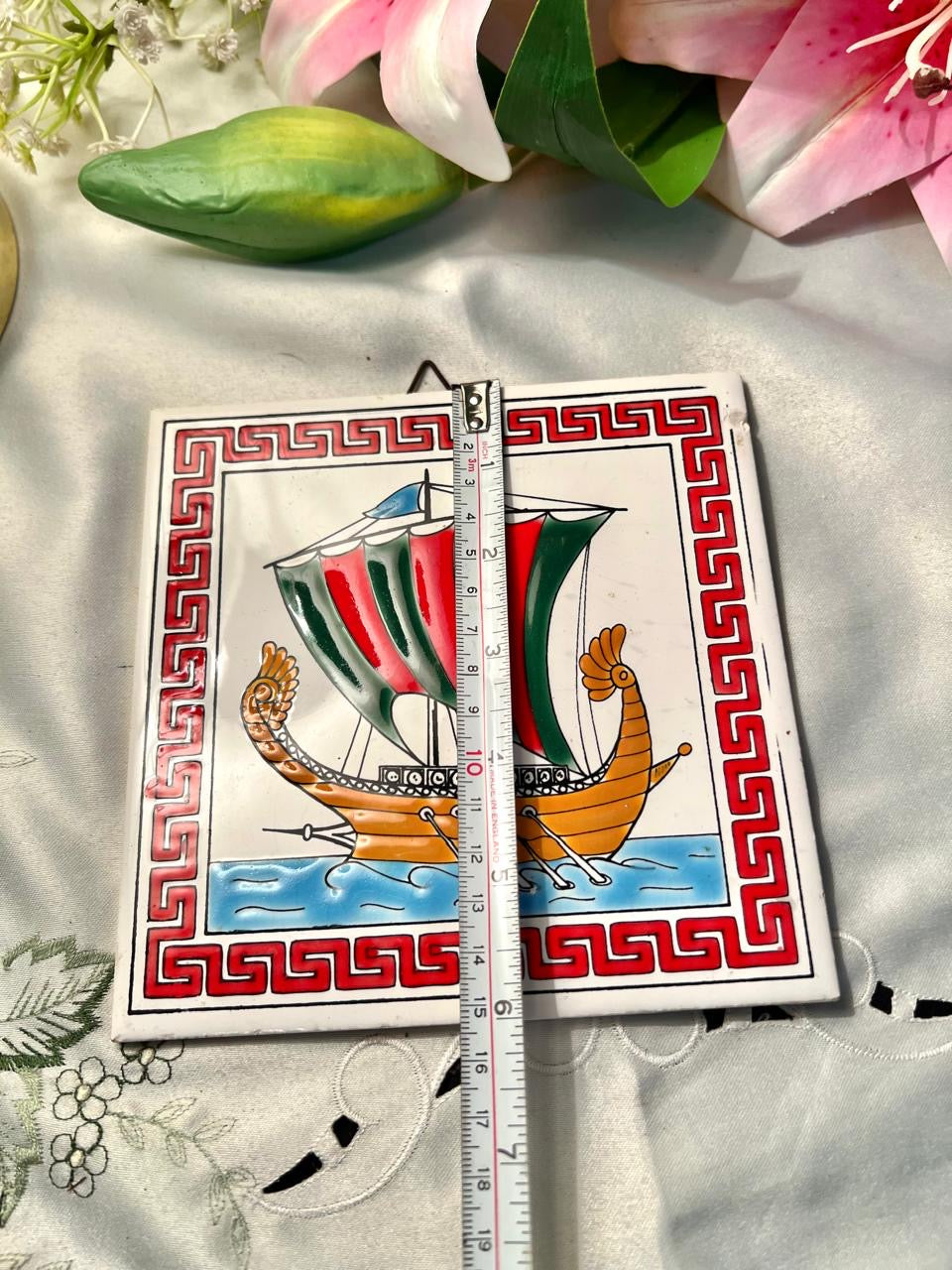 Vintage Hand Painted Greek Ship Ceramic Wall Plaque – 6 Inch