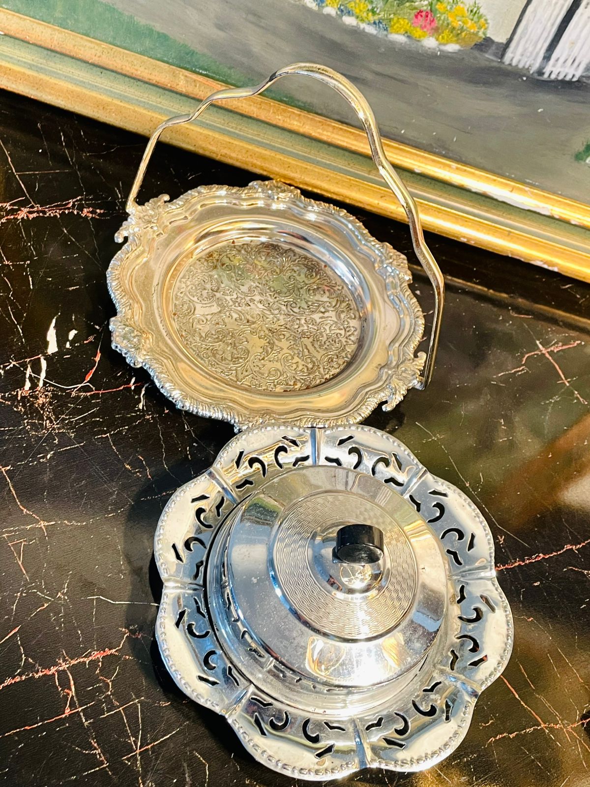 Vintage Silver Plated Covered Serving Dish with Handle – Ornate English Design