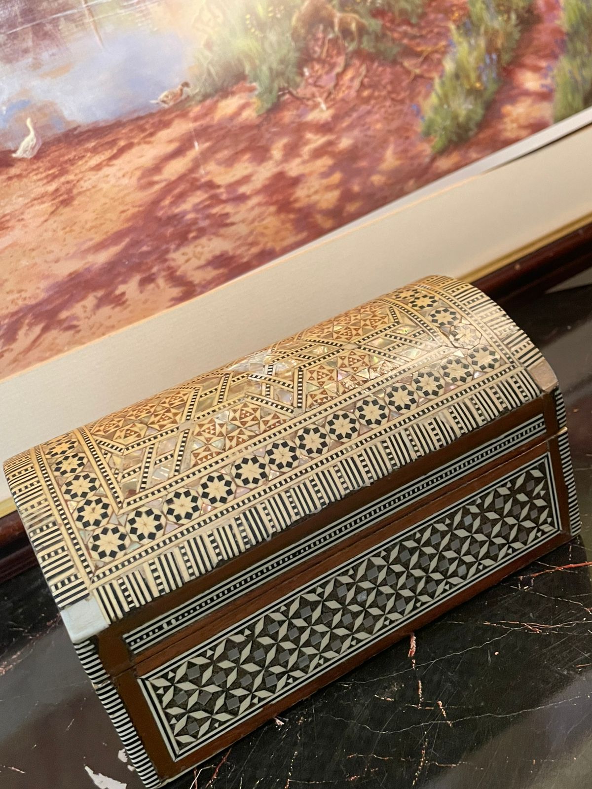 Vintage Handmade Wooden Jewelry Box with Intricate Inlay & Velvet Interior