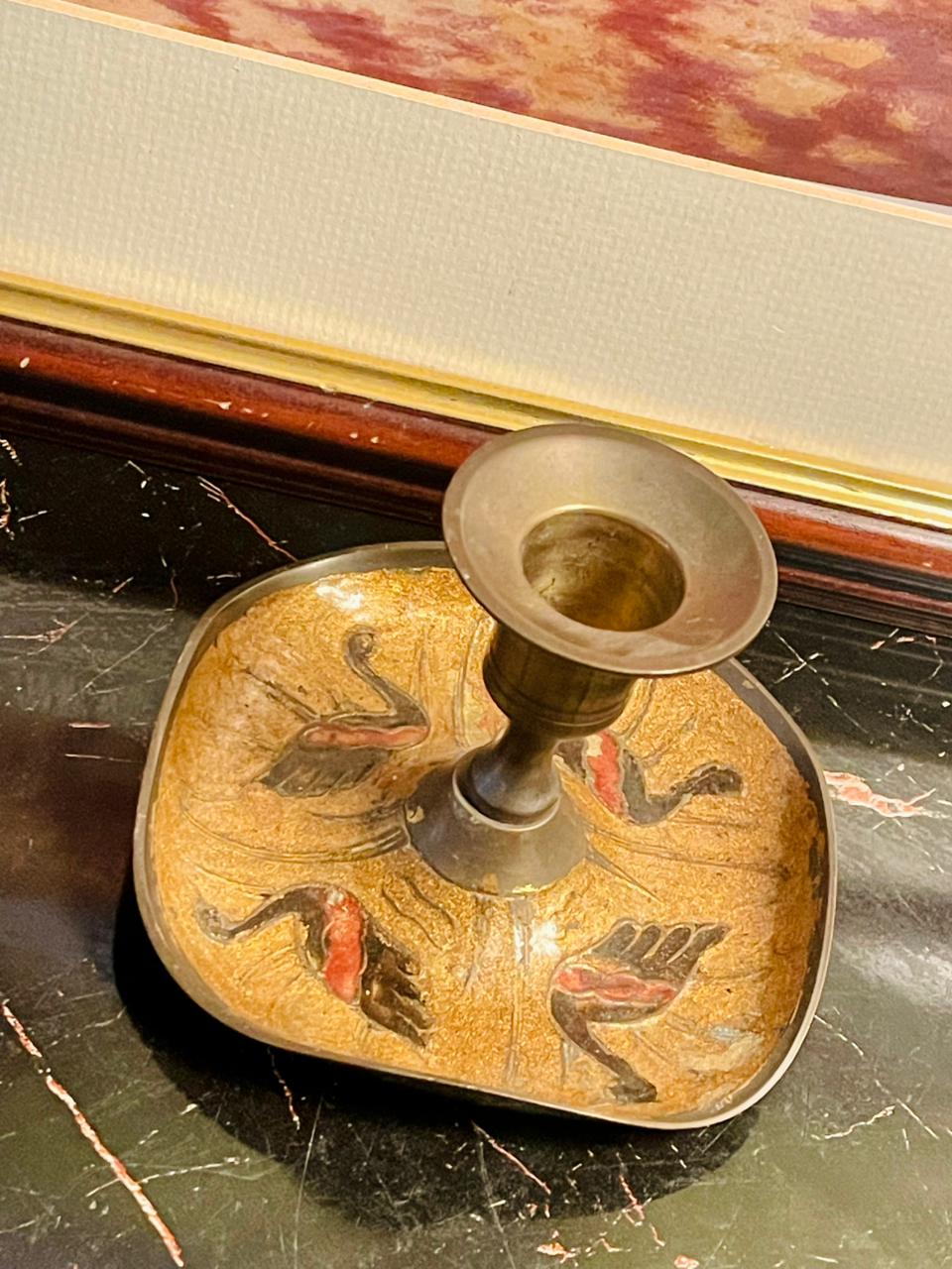 Antique Brass Candle Holder with Hand-Painted Birds – England