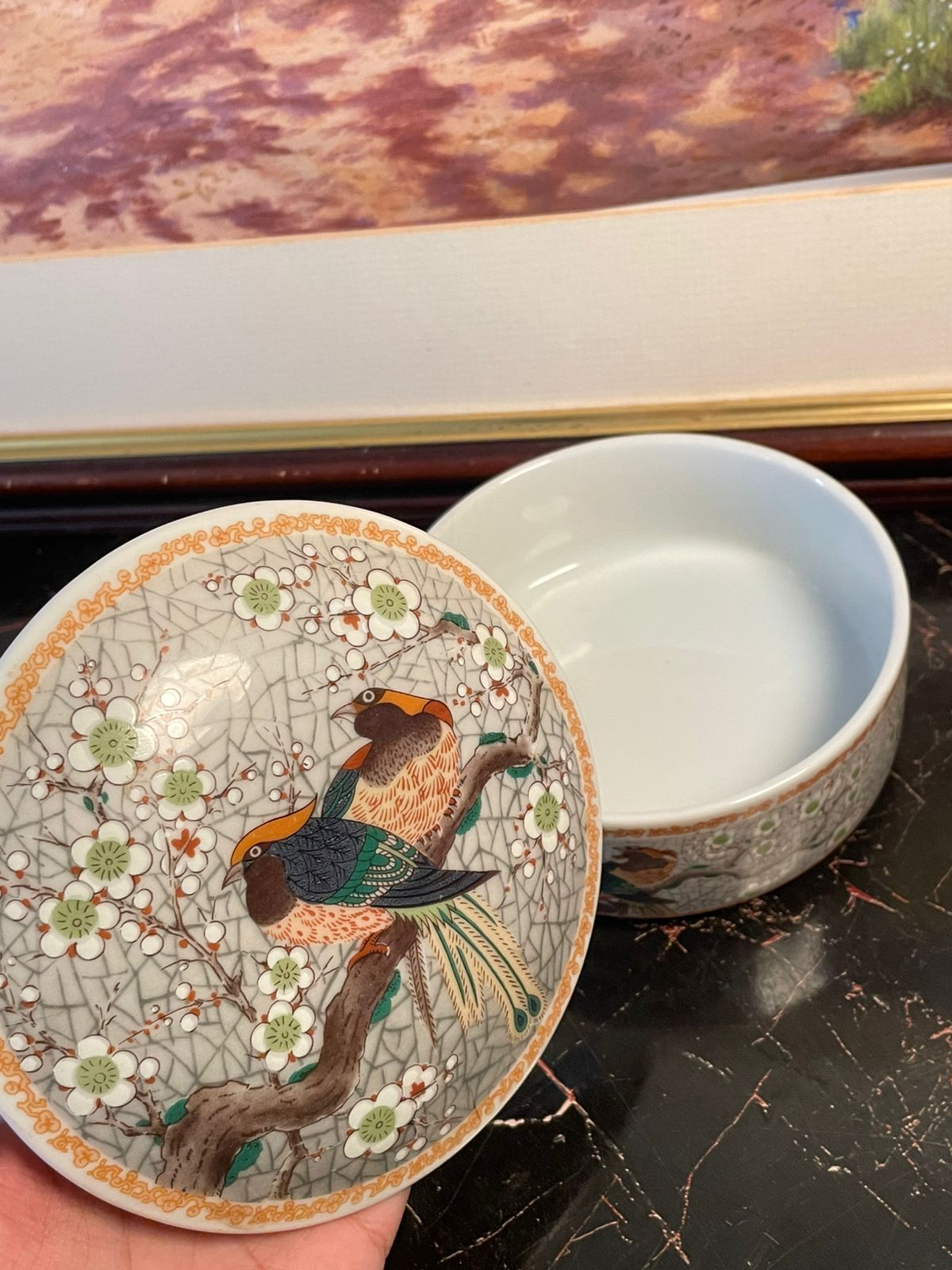 Hand-painted Oriental Porcelain Trinket Box – Bird & Floral Motif