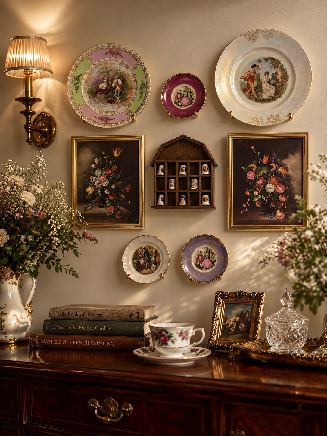 A styled interior scene showing a cream wall decorated with multiple decorative plates, floral paintings, and a small wooden display cabinet, above a dark wood console table with a teacup, books, flowers, and a glass decanter.