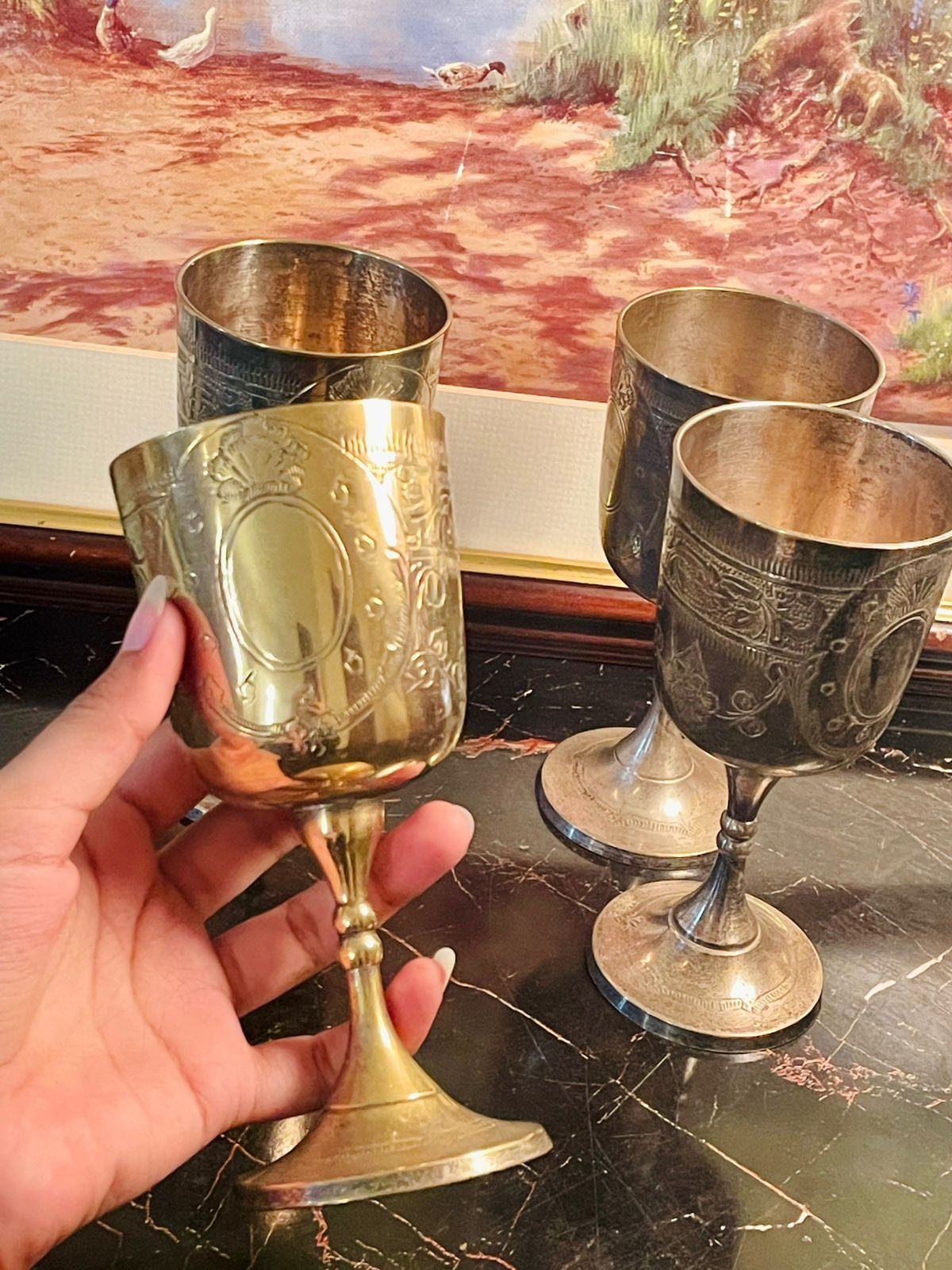 Vintage Engraved Metal Goblet Set (4 Pcs) – England