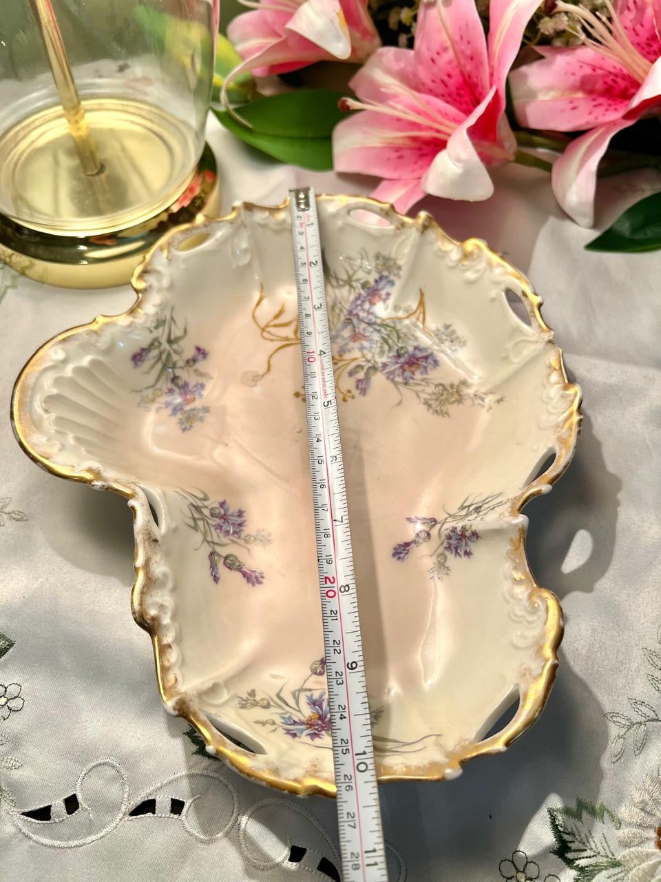 Floral Ornate large Serving Dish 10 in Gold Trim Made in England ( Rare Find)