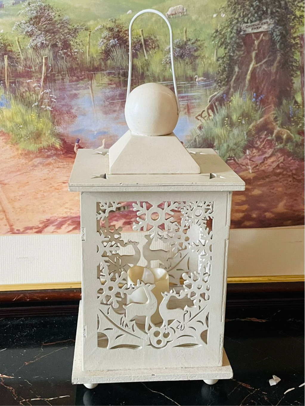 Vintage Wooden LED Lantern – Reindeer Cutwork Design (Battery Operated) Home Decor