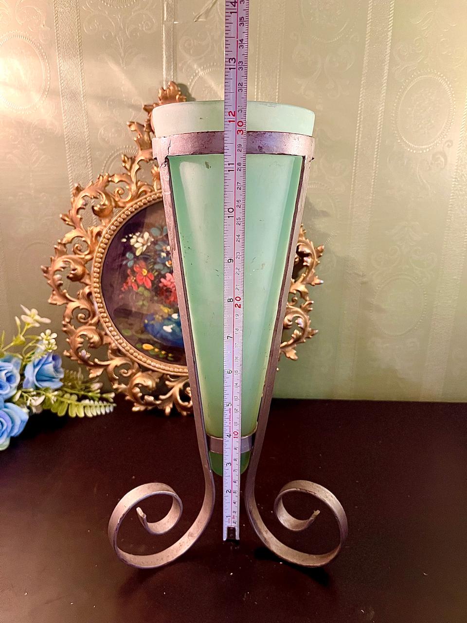 Mint Glass Vase with Scroll Metal Stand