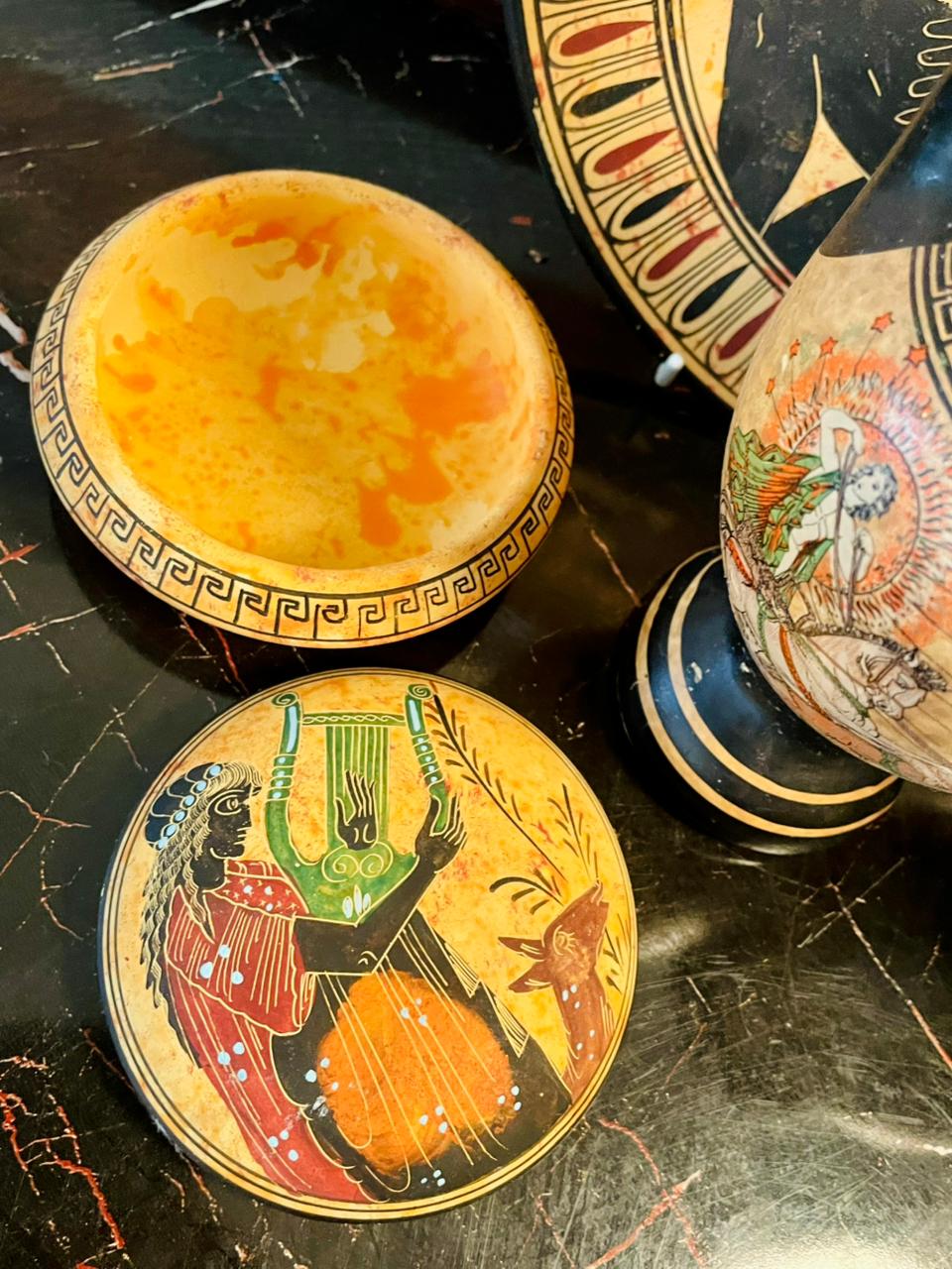 Set of 5 Greek Mythology Hand-Painted Pottery Set β Plate, Vases & Lidded trinket box, Home Decor