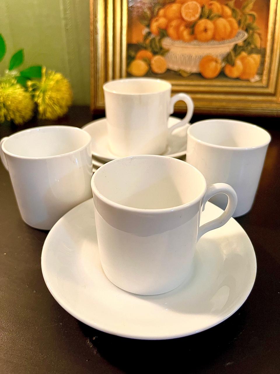 Vintage White Tea Cup & Saucer Set of 4 – Minimalist Ceramic Coffee Cups