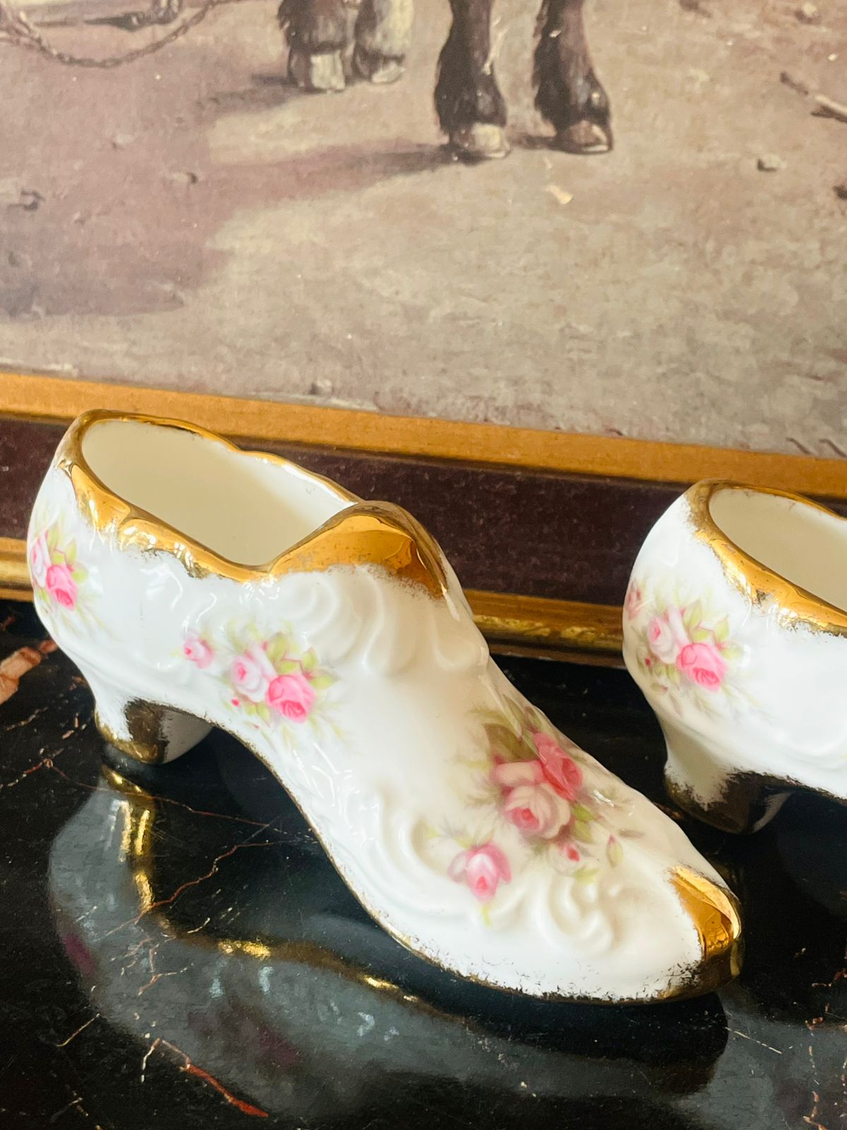 Paragon “Victoriana Rose” Porcelain Shoe Pair – Hand-Gilded English Collectibles