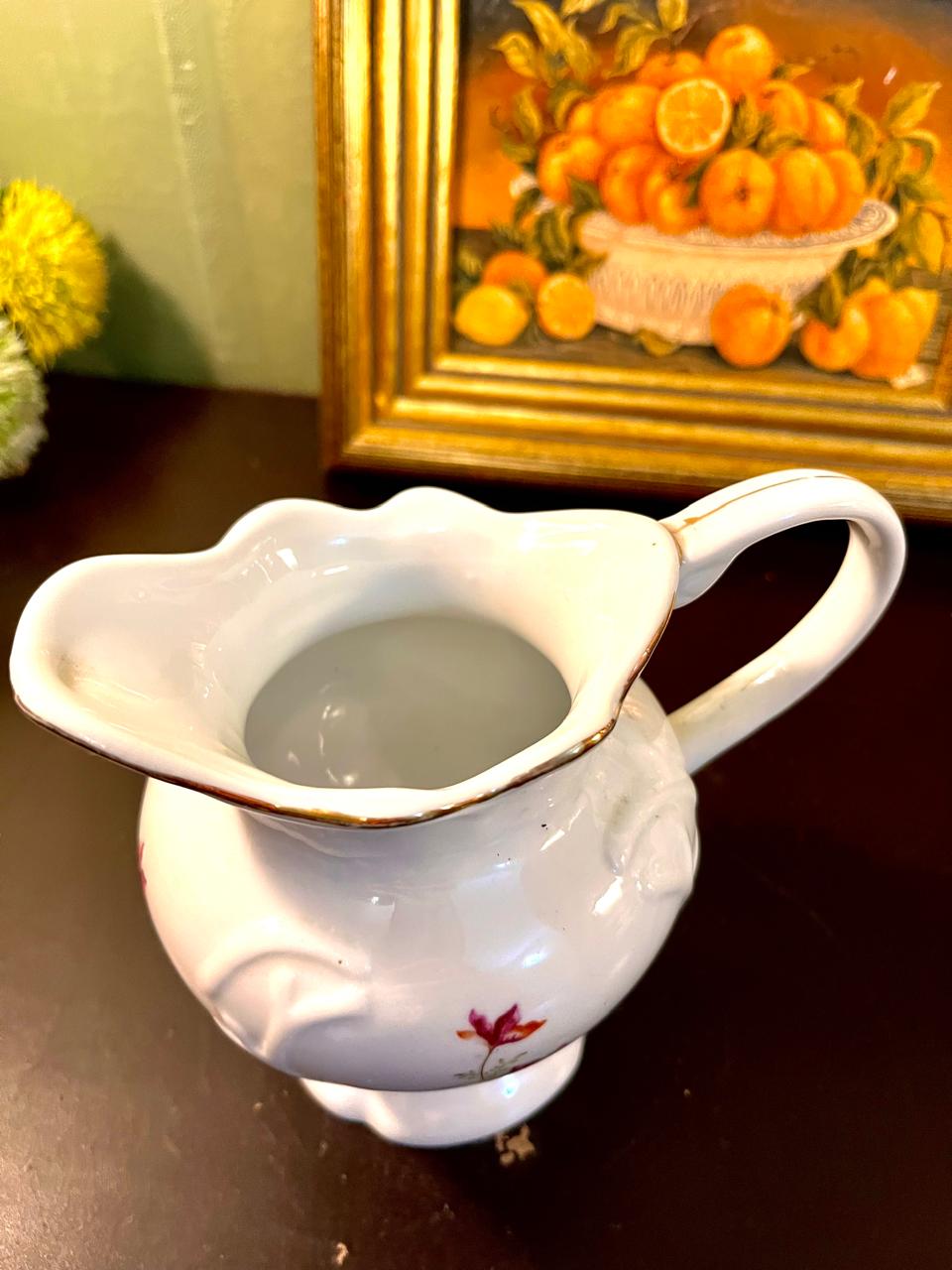 Vintage Floral Porcelain Water Pitcher with Gold Rim – 5 Inch