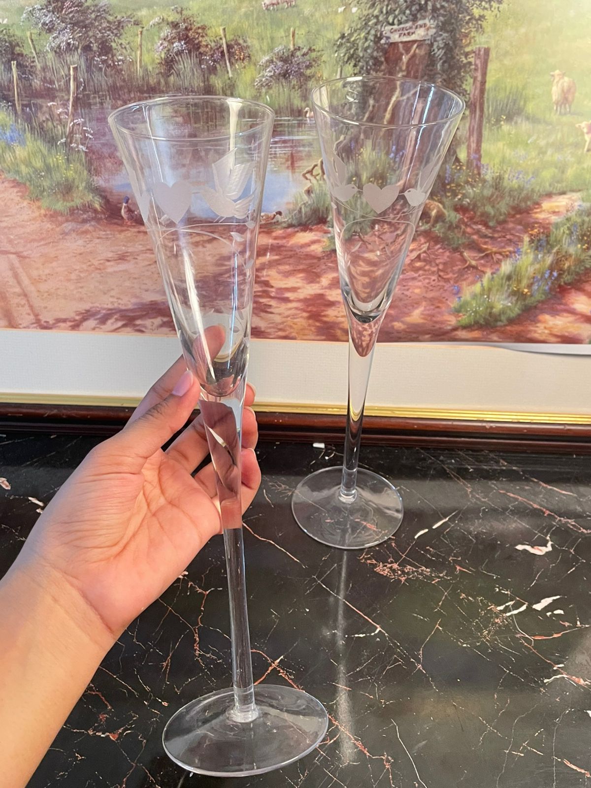 Pair of Tall Crystal Champagne Flutes – Etched Heart & Dove Design