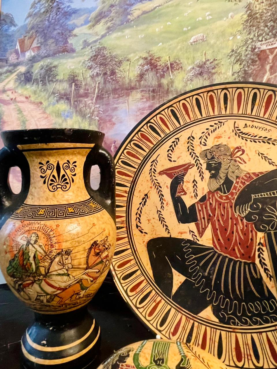 Set of 5 Greek Mythology Hand-Painted Pottery Set β Plate, Vases & Lidded trinket box, Home Decor