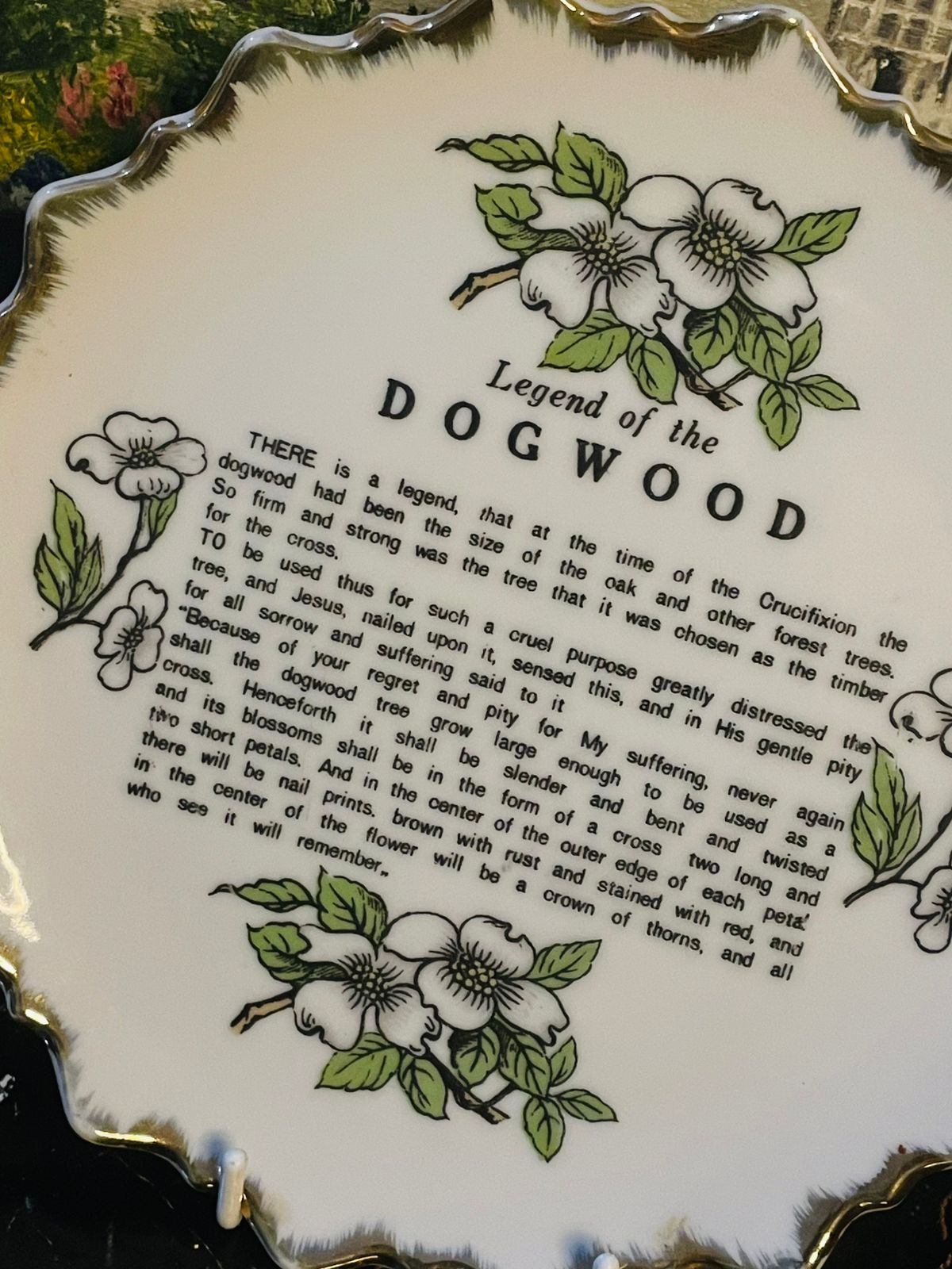 Vintage Legend of Dogwood Crucifixion Porcelain Wall Plate – Gold Rimmed Religious Collectible in Pakistan
