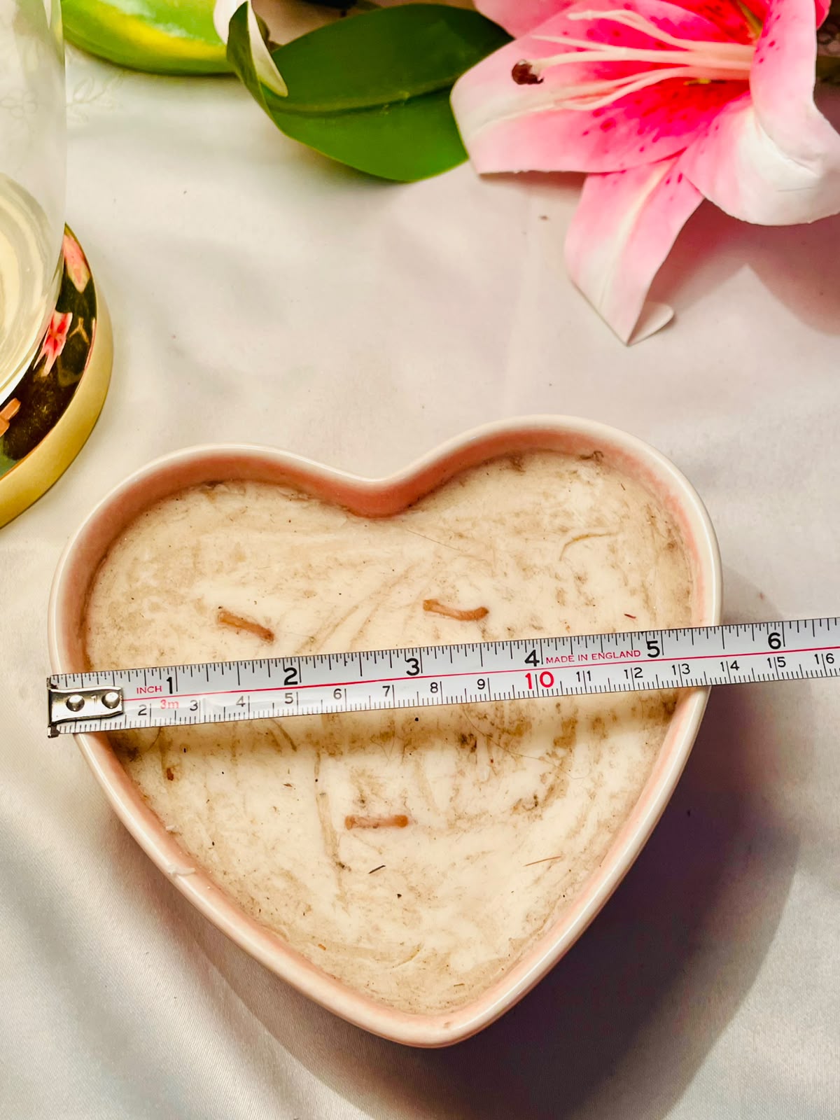 Pink Heart-Shaped Scented 3-Wick Candle in Ceramic Dish | 5"