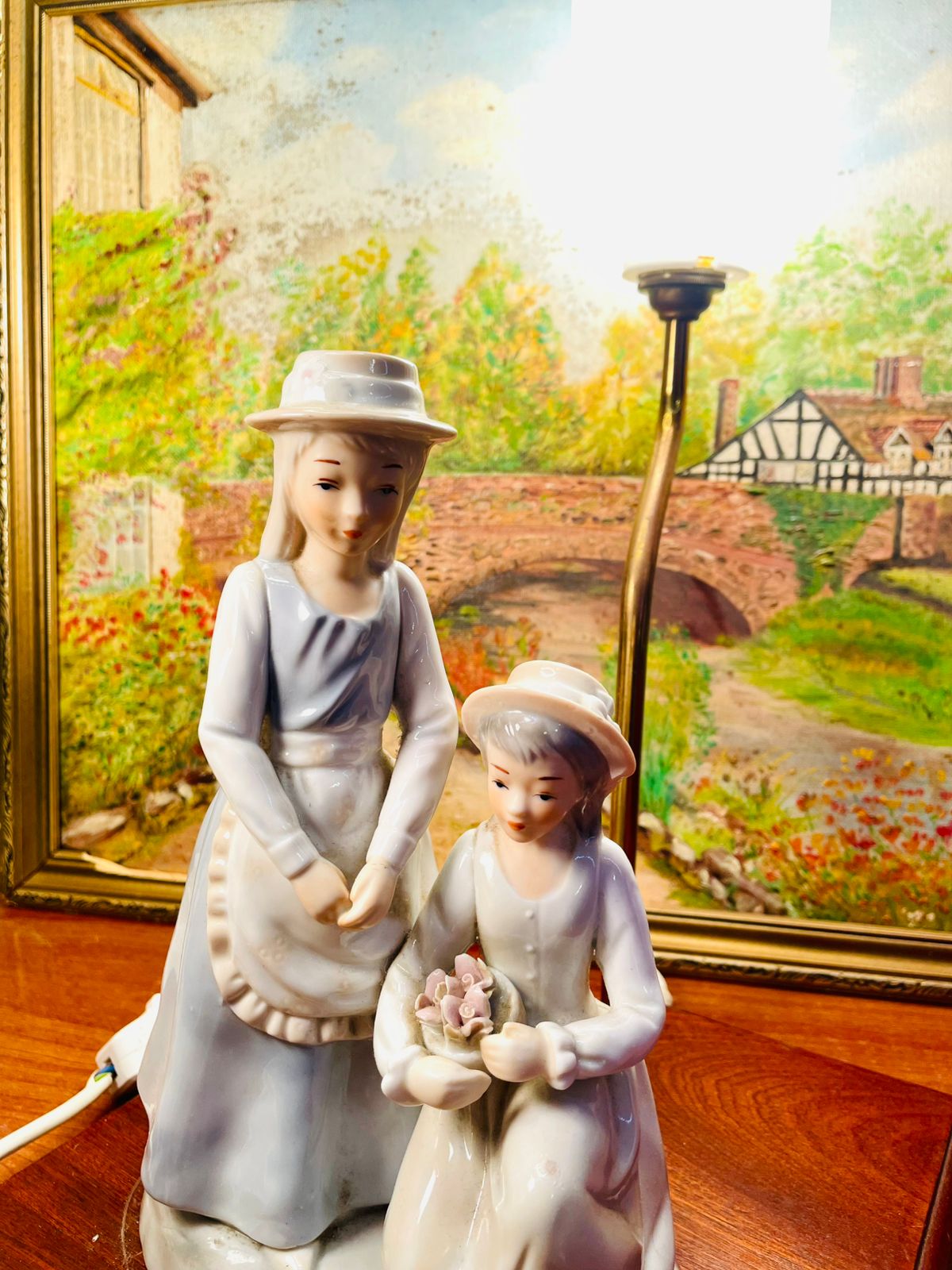 Antique Porcelain Dolls Figurine Lamp with Wooden Base – Early 1900s Style