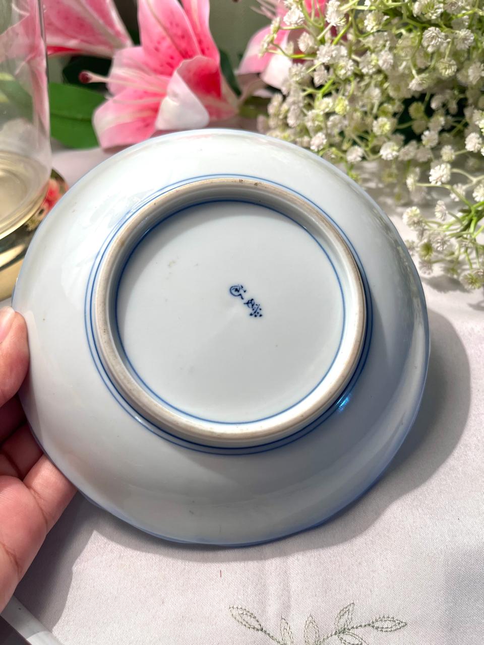 Blue Floral Porcelain Bowl with Pink Raised Flowers – 16 cm