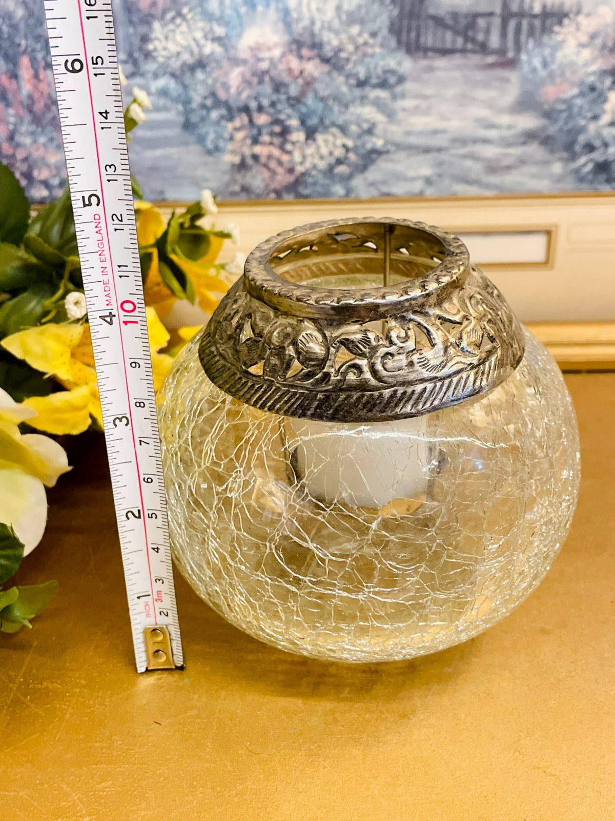Vintage Crackle Glass Candle Holder – Antique Metal Rim