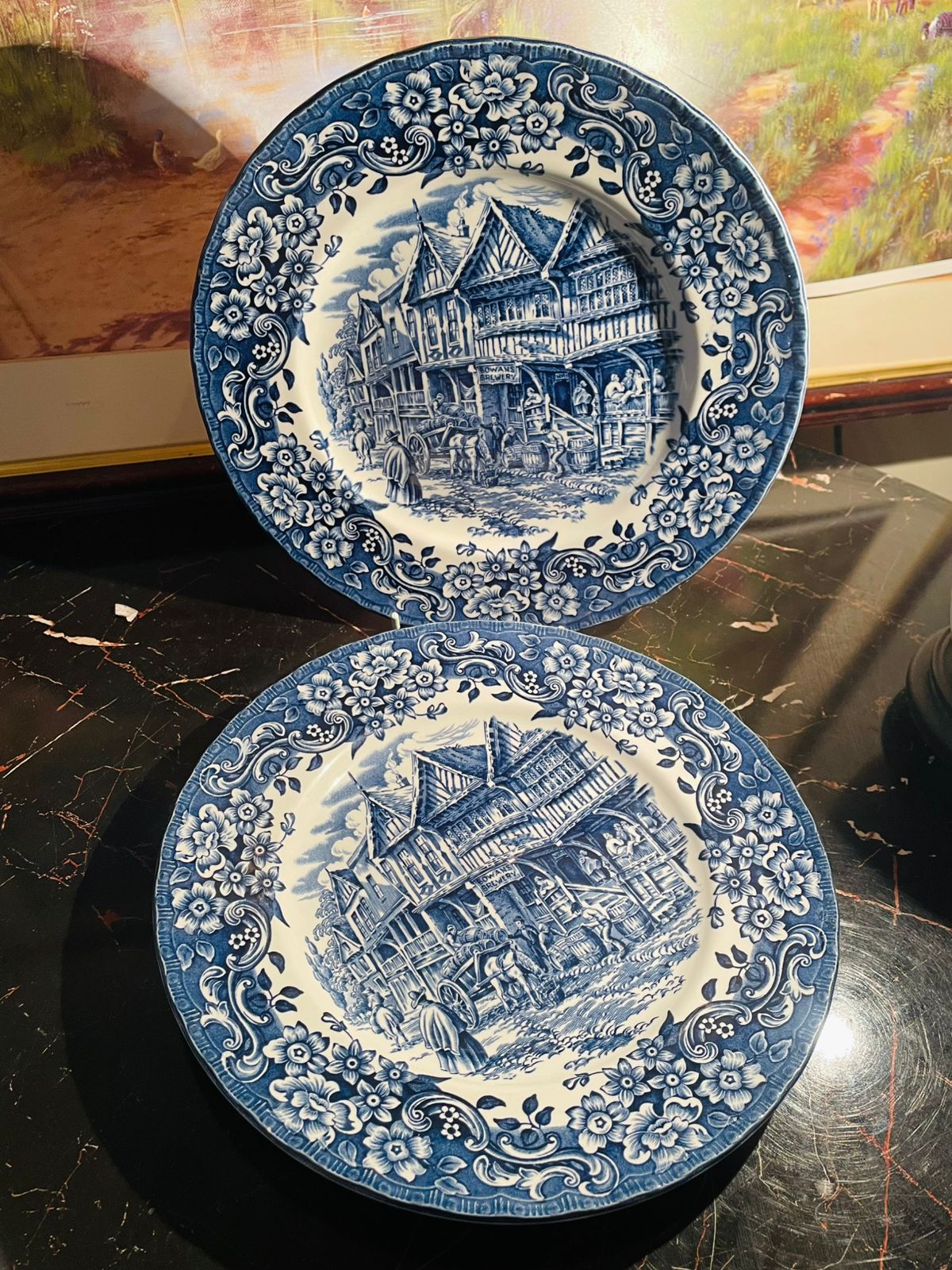 royal tudor ware plates, antique english ironstone, w.n. mellor england, borden gemerkt, blue and white porcelain, royal tudor collectible, english dinnerware set, vintage tableware england, staffordshire ironstone plates, rare thrift finds, european heritage decor, sunset kitchen vintage collection