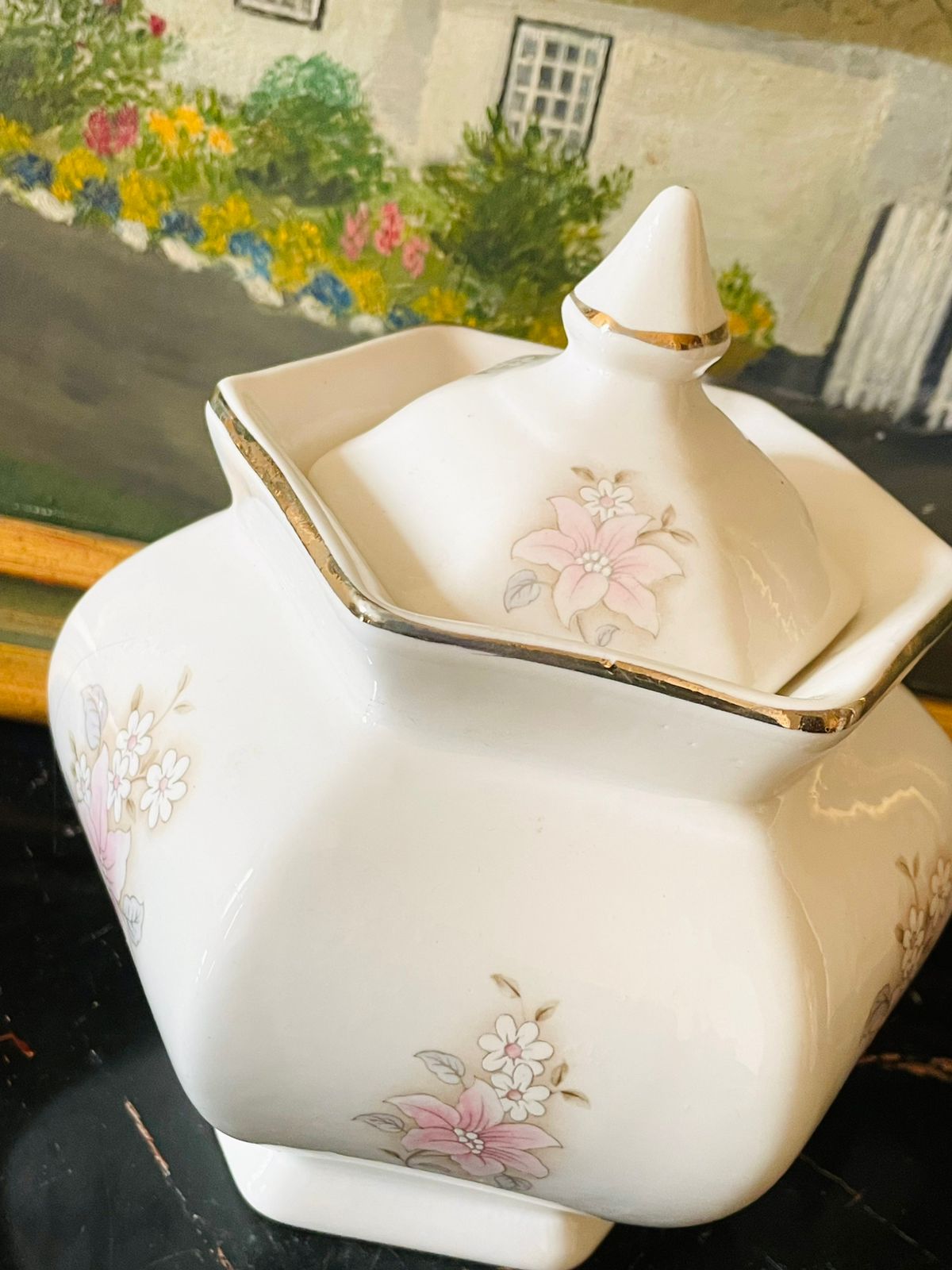 Vintage English Fine Bone China Candy Jar / Pot – Pink Lily Floral with Gold Trim
