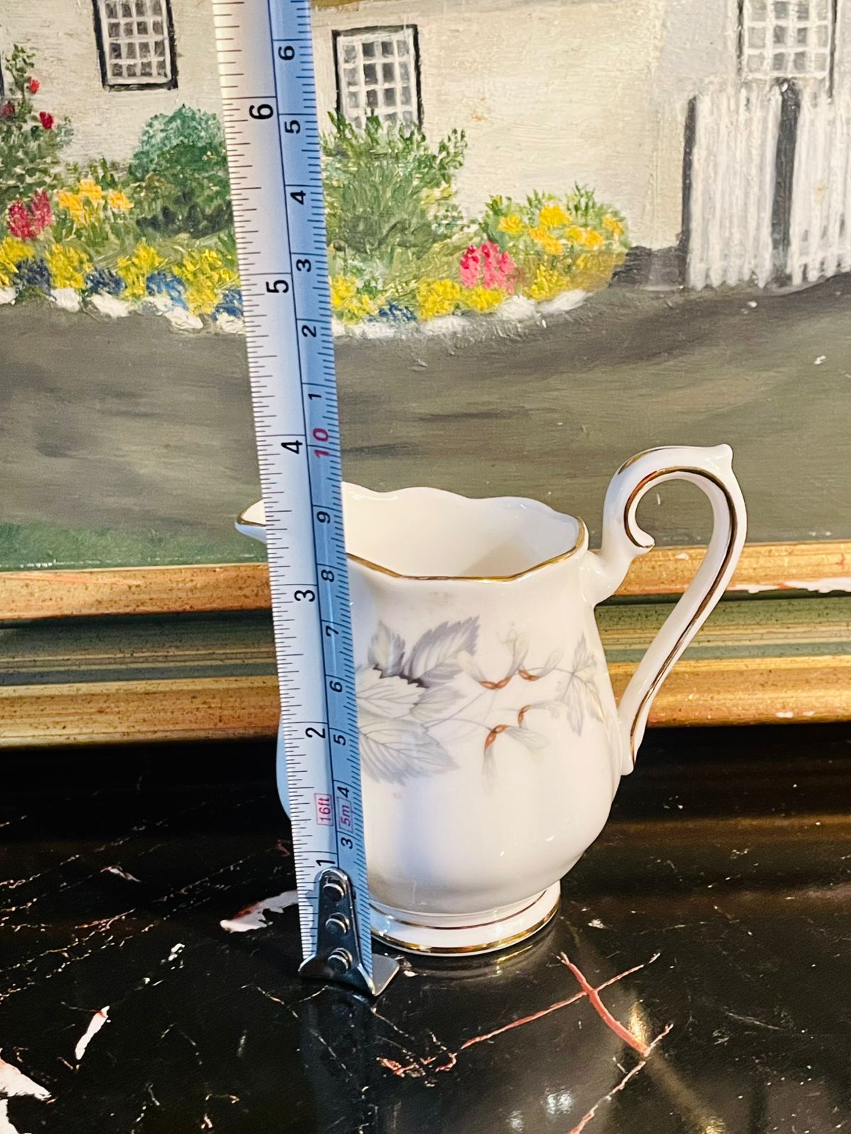 Royal Albert Vintage Fine Bone China Milk Jug / Creamer – Grey Leaf Floral Pattern with Gold Rim
