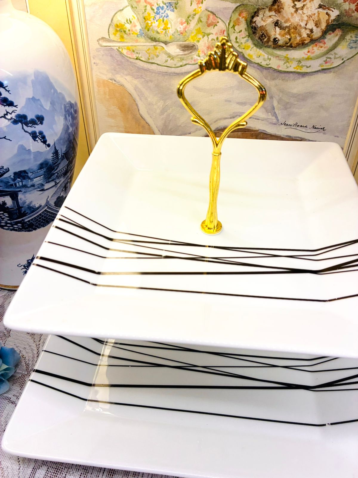 Elegant Two-Tiered Serving Platter – White Porcelain with Black Stripes