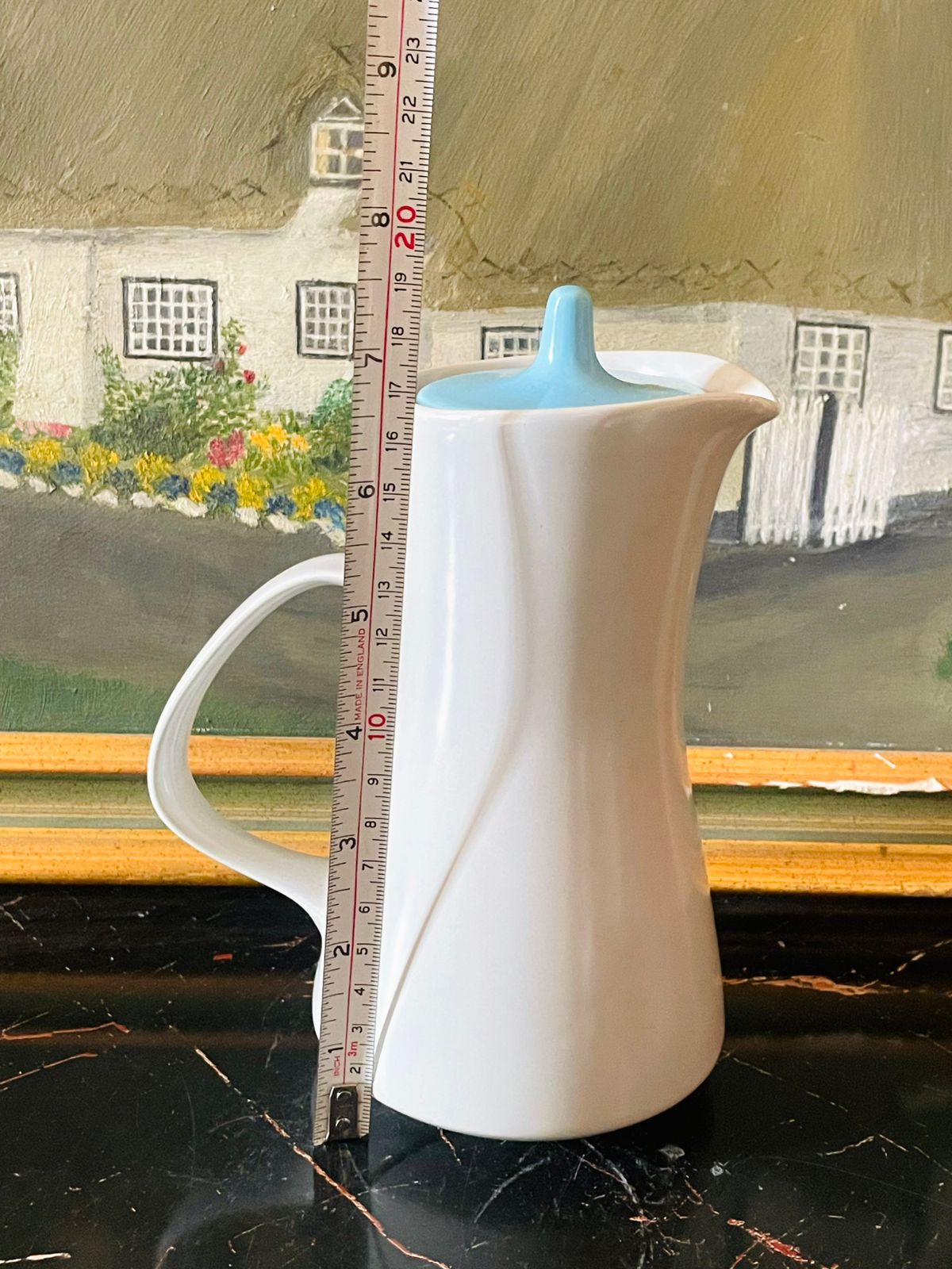 Mid-Century Modern White Ceramic Coffee Pot with Sky Blue Lid – England, 1960s Style