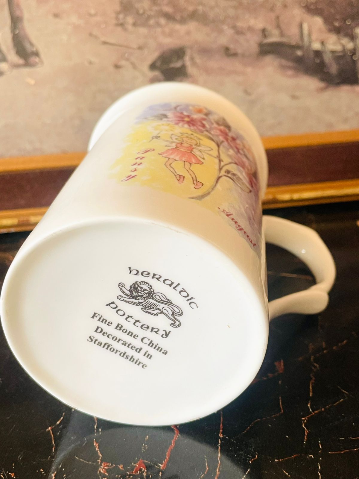 Heraldic Pottery Fine Bone China Mug – “August Pansy Fairy” Design