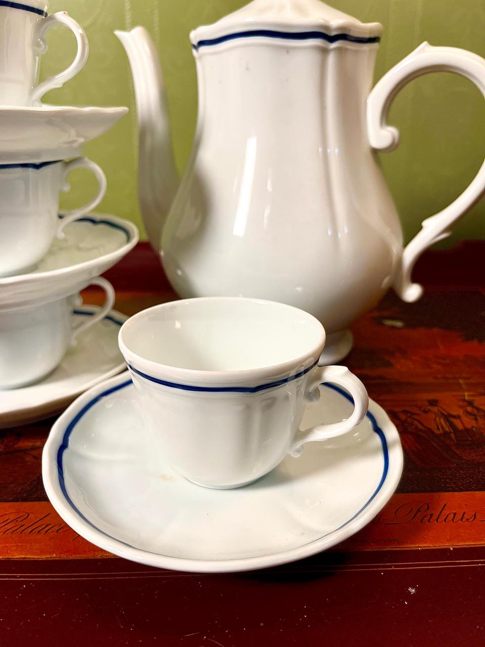 Blue Trim 9-Piece Coffee Set with Pot, Cups & Saucers