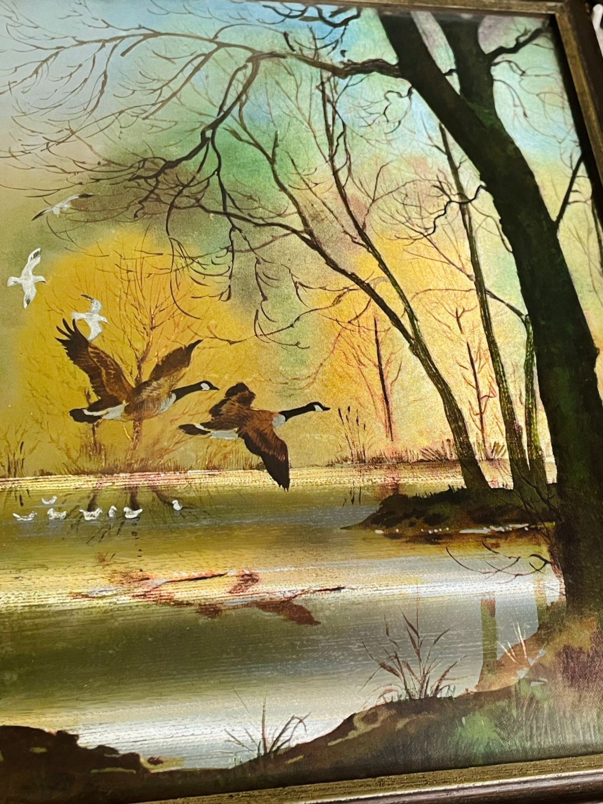 Set of 2 Vintage Holographic Flying Geese on Lake Art– 3D Illustration Frames
