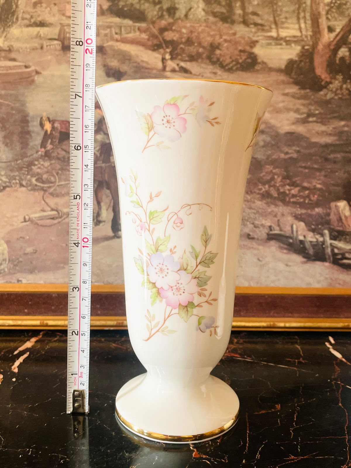 Vintage English Porcelain Vase & Bell Set – Floral Gold-Rimmed “Happy Anniversary” Collection