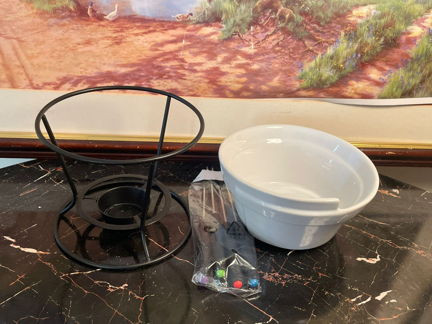 chocolate fondue set, Trudeau fondue set, Home Presence fondue, dessert serving set, vintage fondue kit, 7 piece fondue, fondue set with forks, chocolate dip set, fondue for parties, rare thrift finds