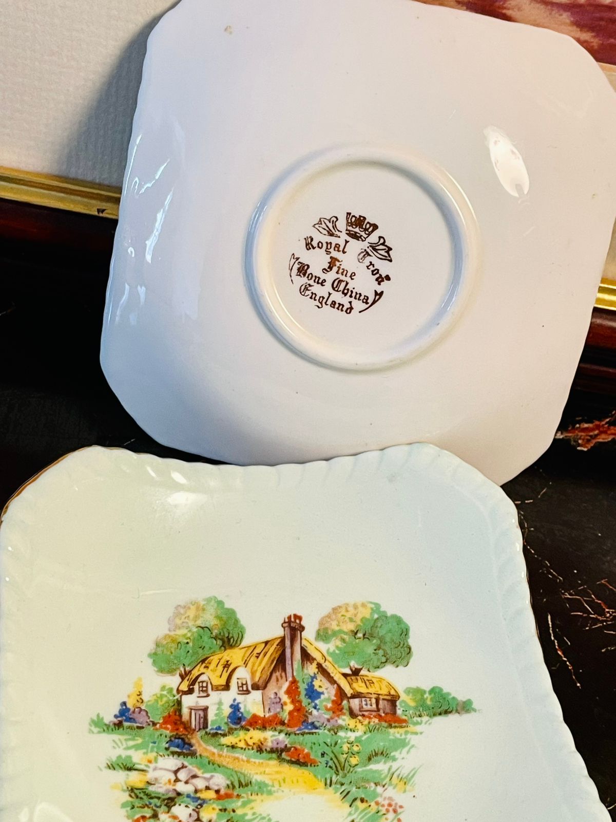 Vintage ROYAL Bone China Square Dish – Cottage Garden Scene – Made in England