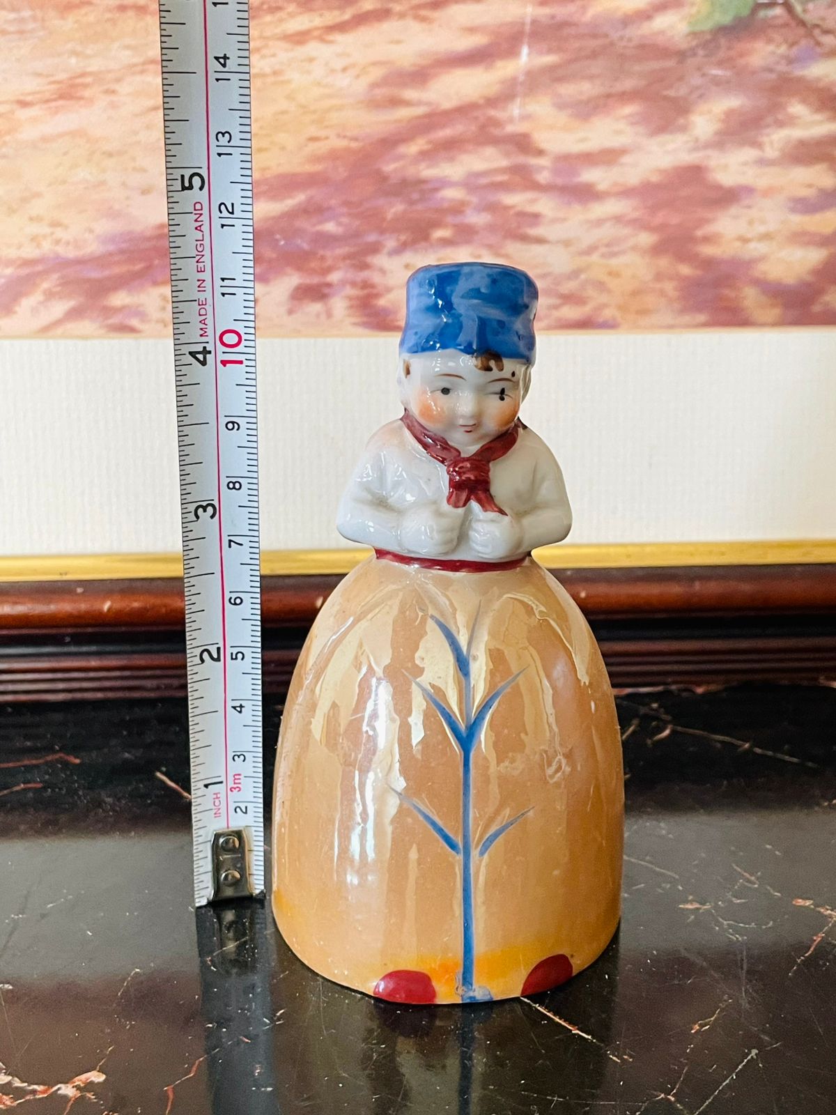 Vintage Hand-Painted Porcelain Bell – Boy Figure with Blue Hat & Red Scarf