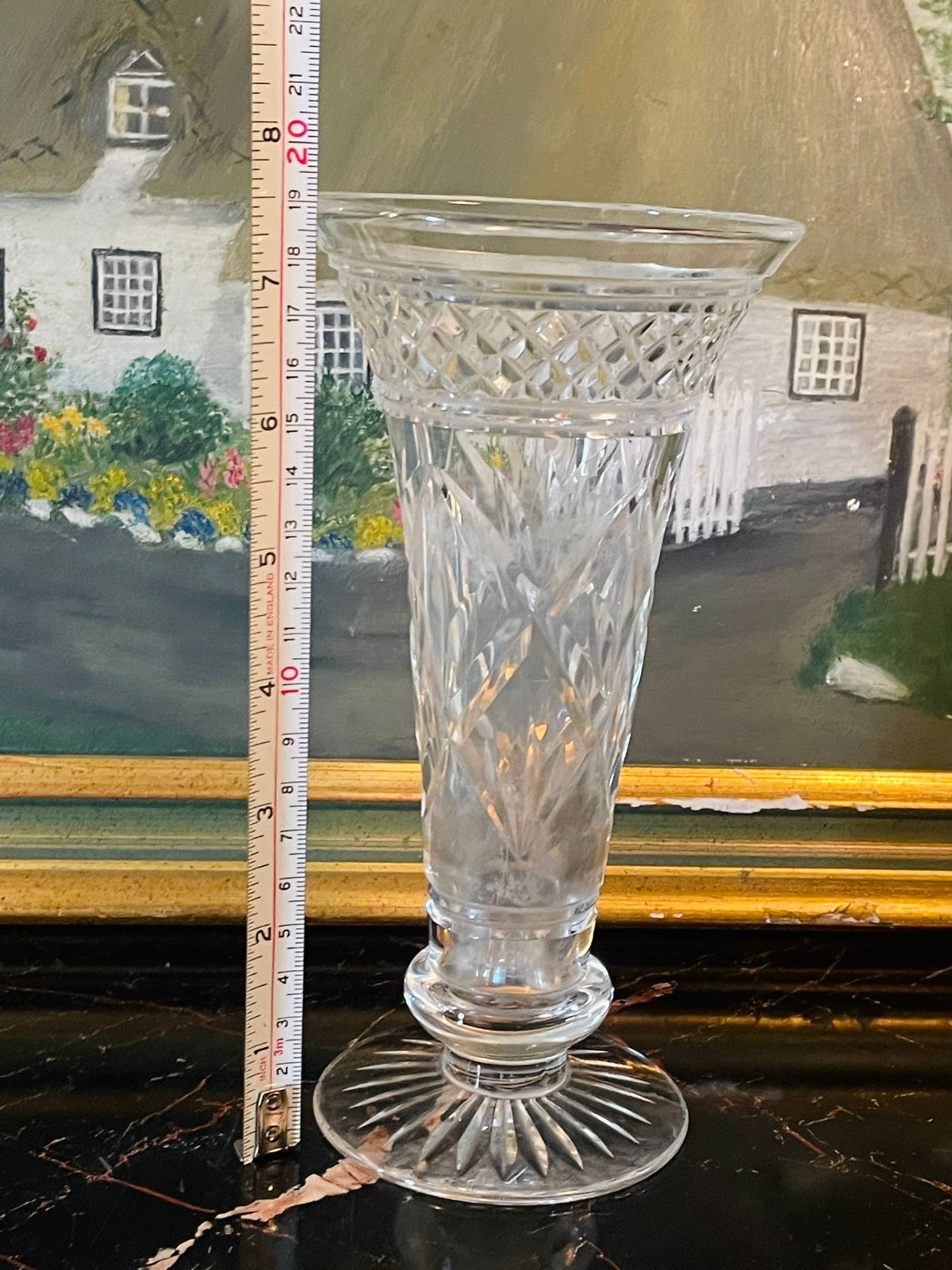 Vintage Cut Crystal Trumpet Vase – Star & Cross Lattice Design – Pedestal Base