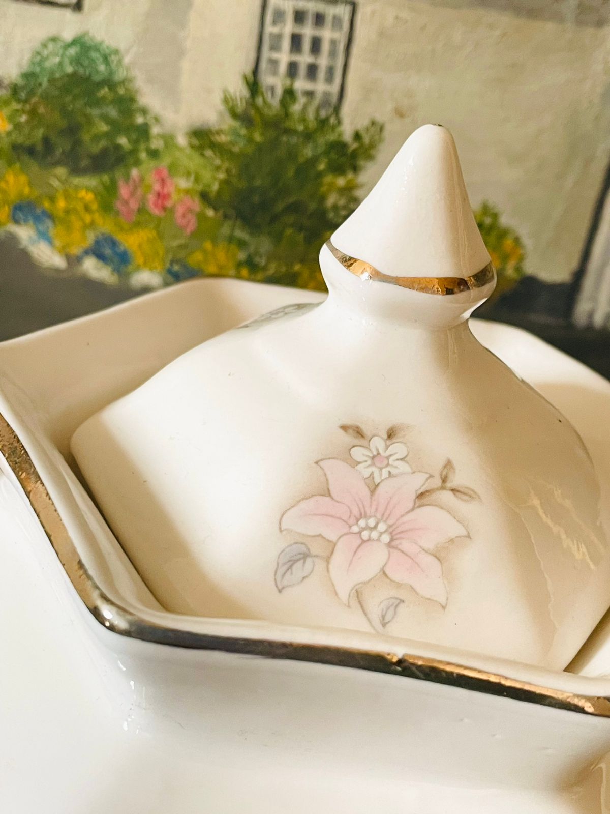 Vintage English Fine Bone China Candy Jar / Pot – Pink Lily Floral with Gold Trim