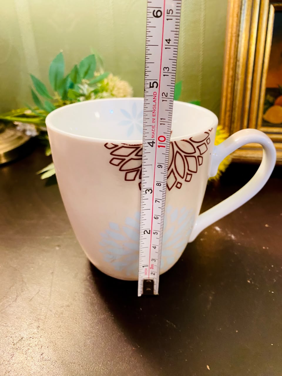 Modern Floral Ceramic Mug 4 Inch Blue & Brown Botanical Design