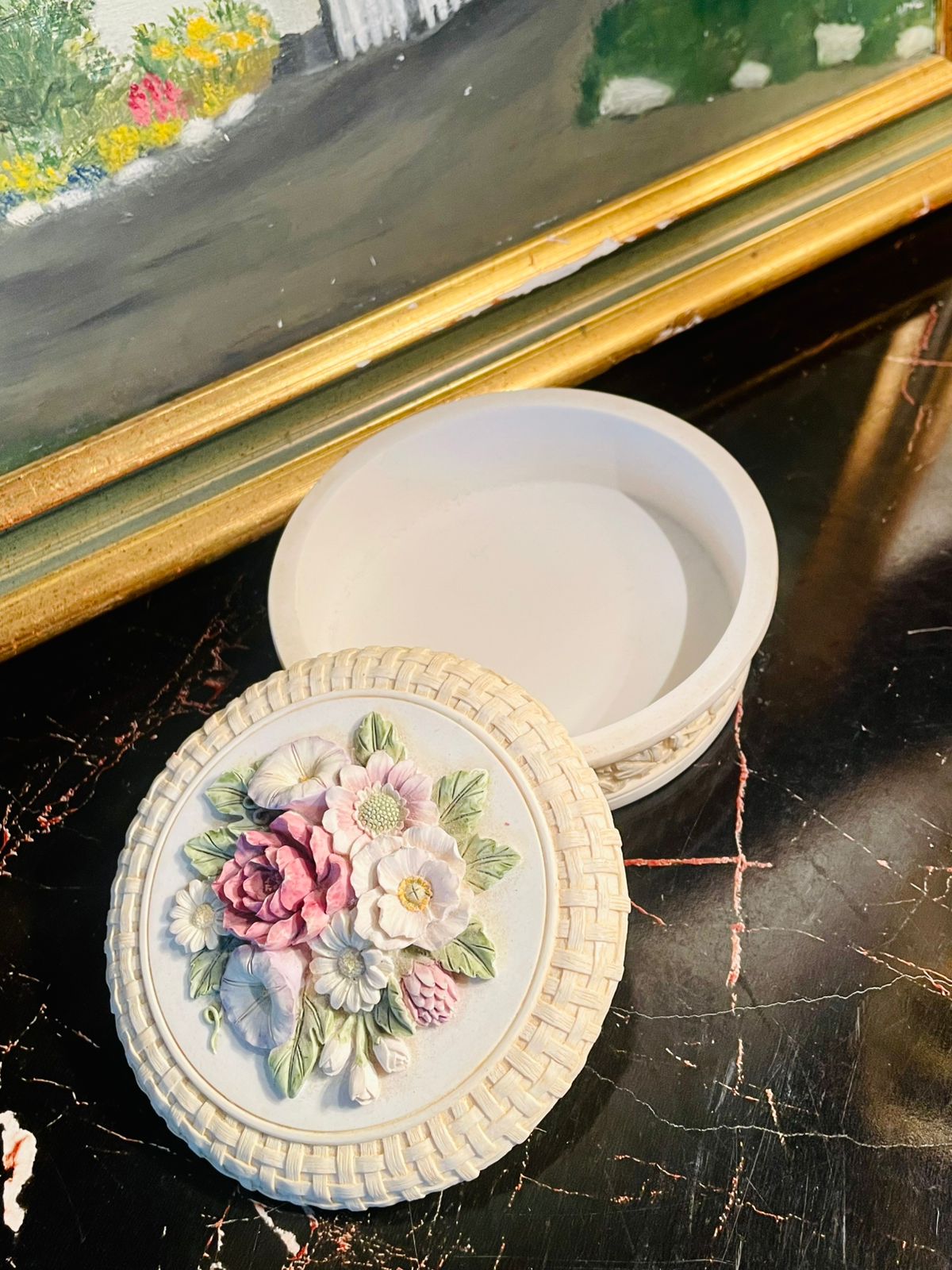 Genuine Alabaster Floral Trinket Box – Handcrafted Collectible Jewelry Box