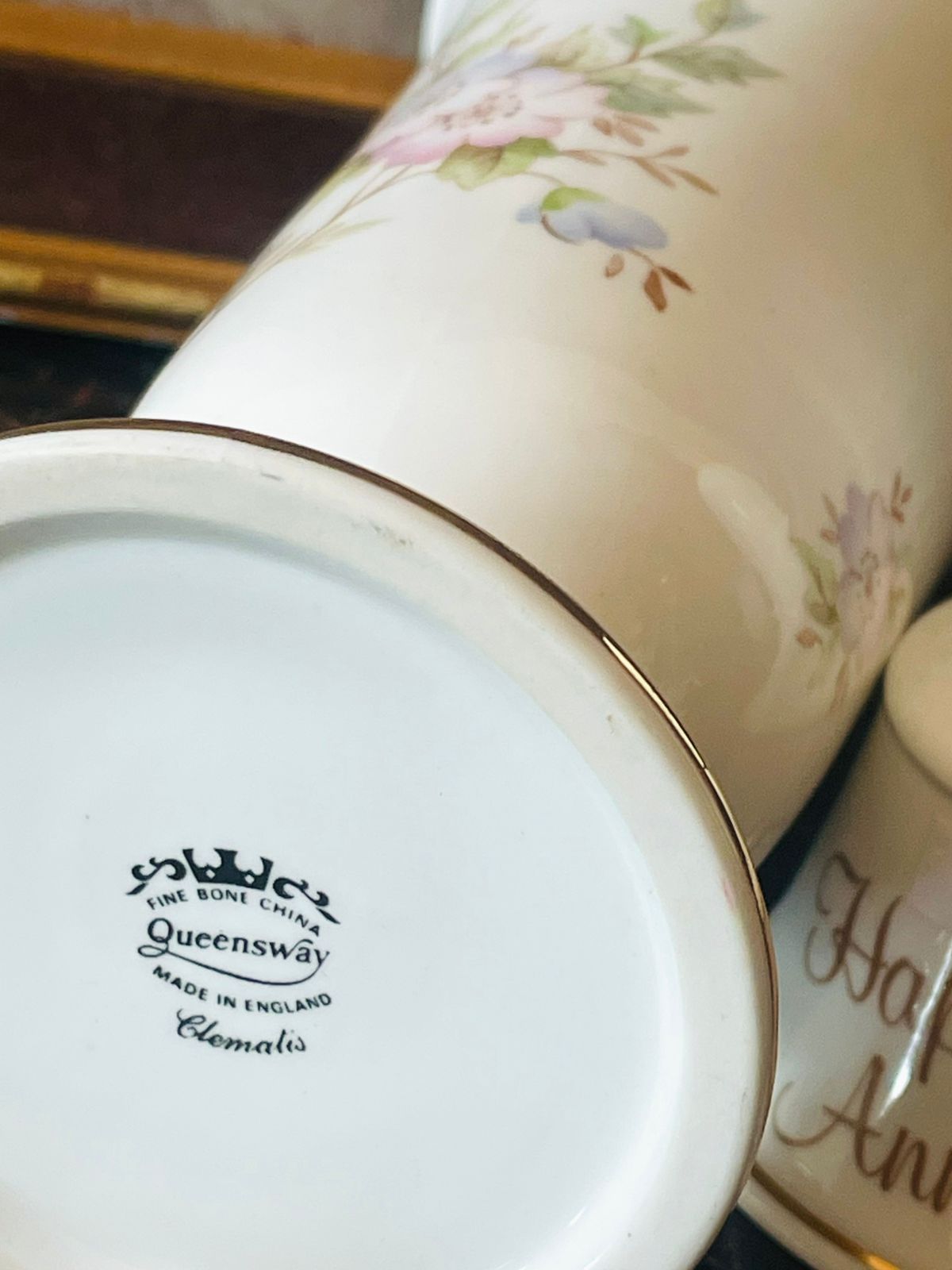 Vintage English Porcelain Vase & Bell Set – Floral Gold-Rimmed “Happy Anniversary” Collection