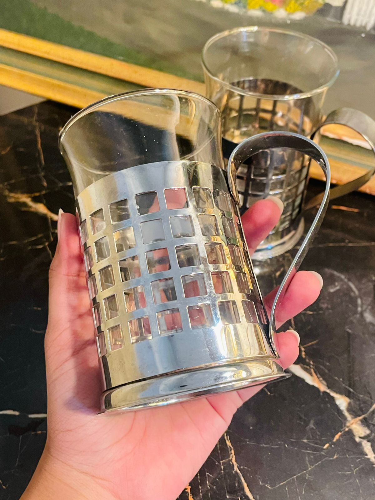 Set of 2 Vintage Glass Mugs in metal holder England