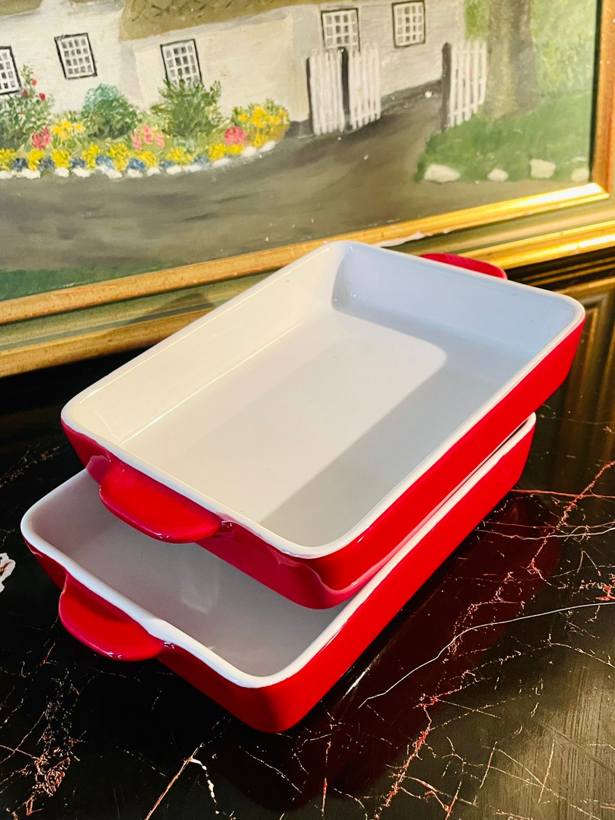 Porcelain Rectangular Baking Dish – Red & White Oven-Safe Ceramic lasagna dish