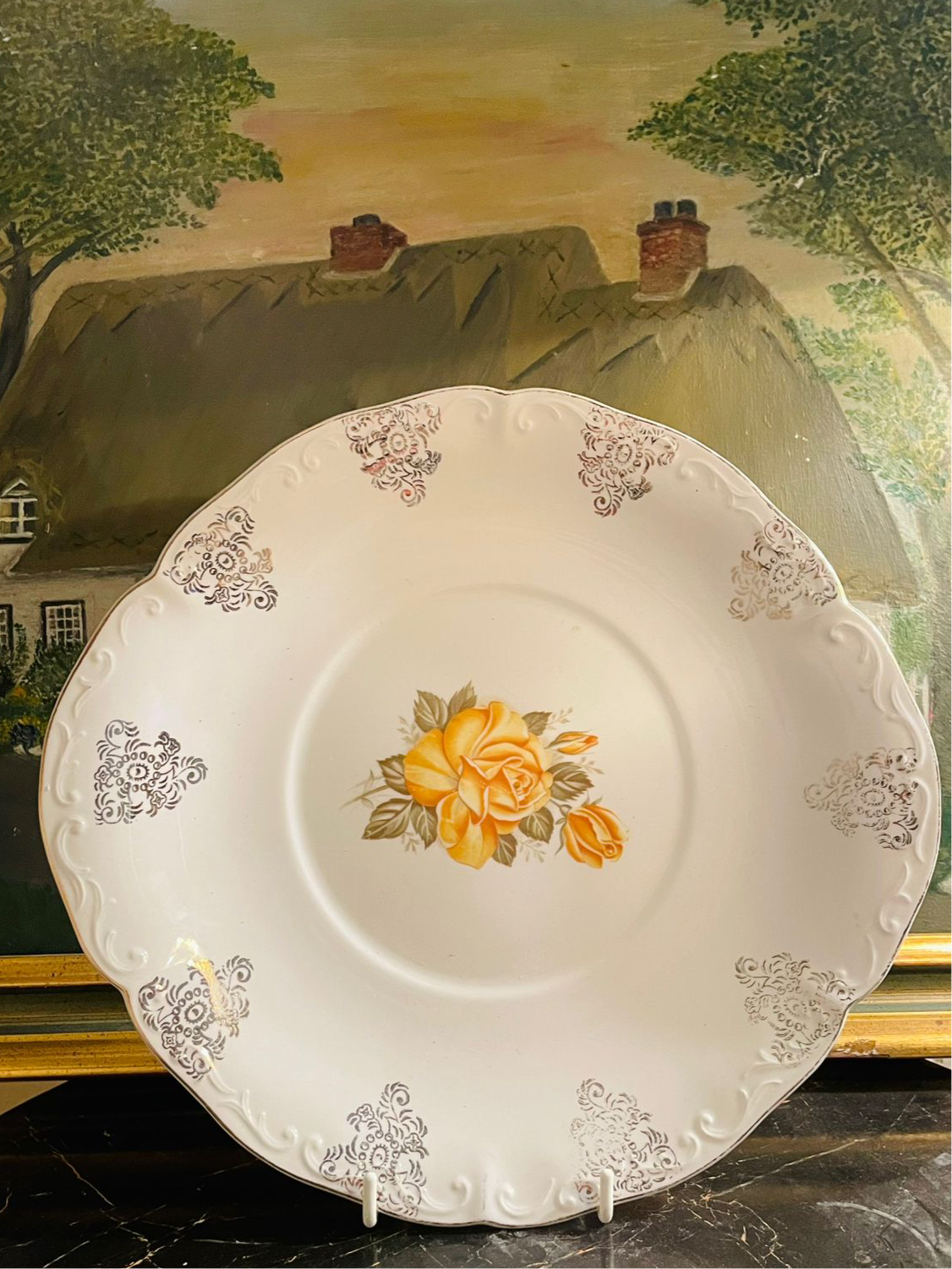 Vintage Cake Plate Yellow Roses, Crown Staffordshire Ceramic England